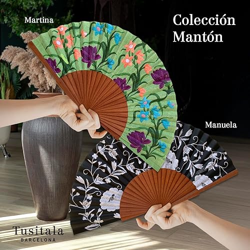 Miniatura 2 de Candela Spanish Fan - Madera y Algodón - 9.1 in - Estuche y estuche de yute - Accesorio de moda - Hecho a mano en España - Eventos y Regalos -