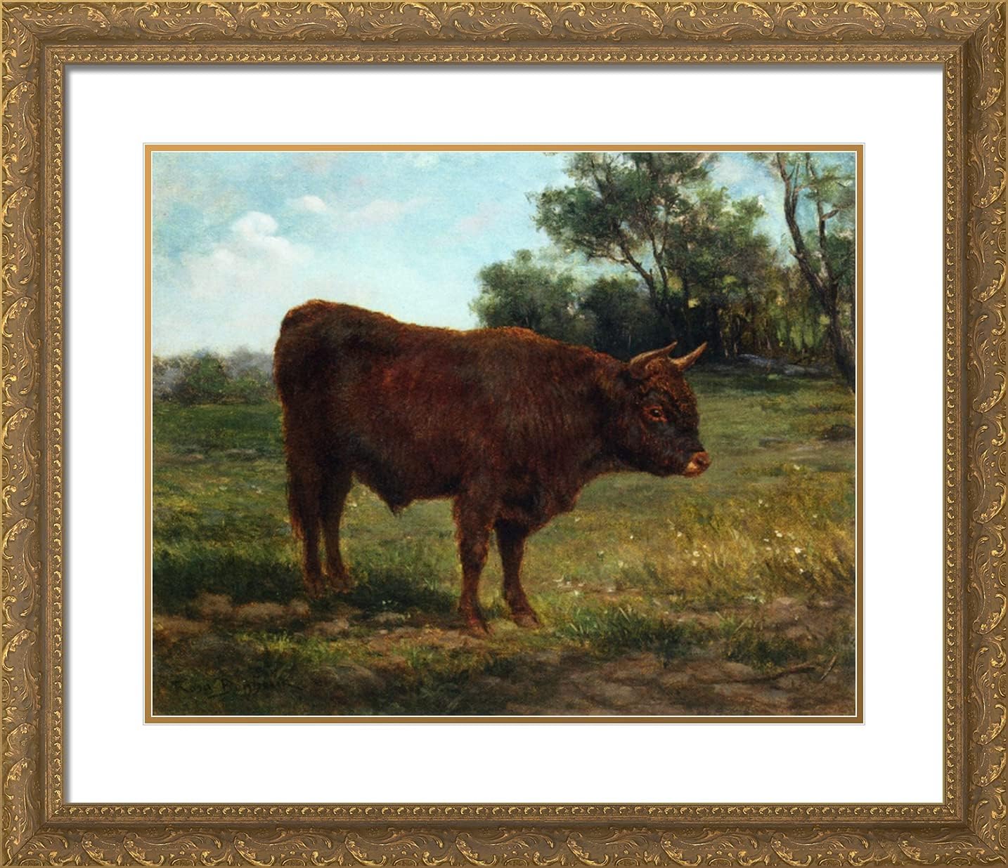 ArtDirect Bonheur Rosa 23x20 Gold Ornate Framed Art Print with Double Matting Titled: Longhorn Bull in a Landscape