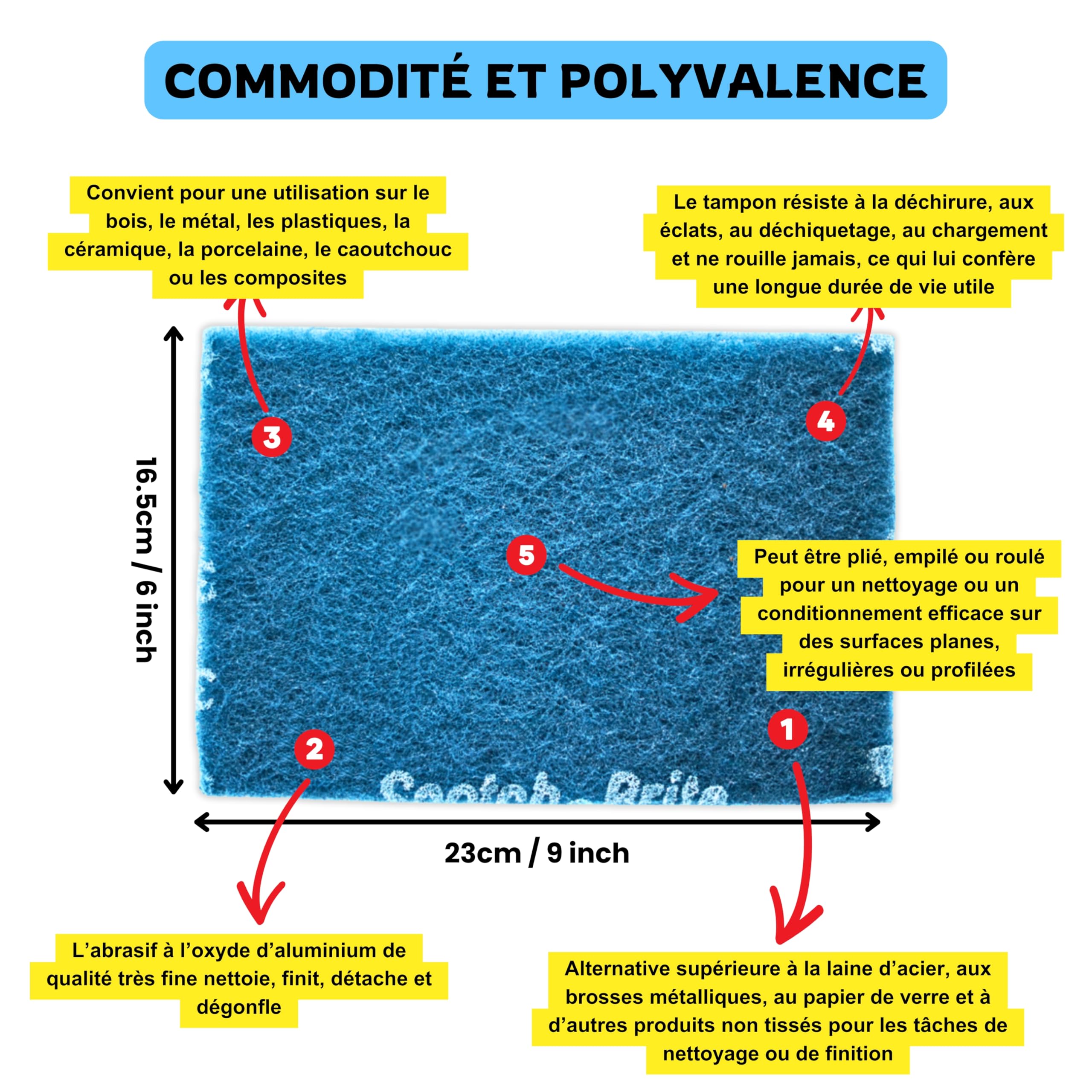 fabriqué avec des tampons universels Brite, abrasifs, tampons de ponçage, ponçage métallique, oxyde d'aluminium, ponçage, nettoyage, mélange, nettoyage, 15 x 23 cm (mélange de 6 pièces)
