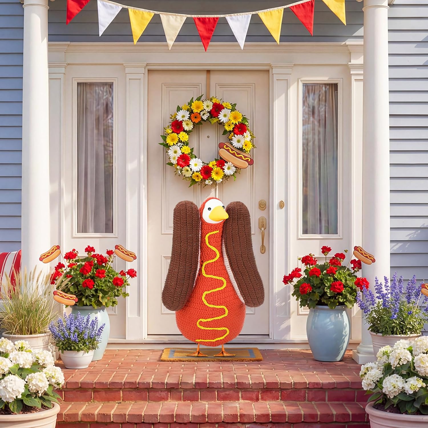 Abbylike 1 Set Hot Dog Porch Goose Outfit Crochet Food Yard Goose Costume Clothes Fits Large 23'' H Cement for Game Day Outdoor Patio Garden Lawn Pathway Spring Statue Art Decorations