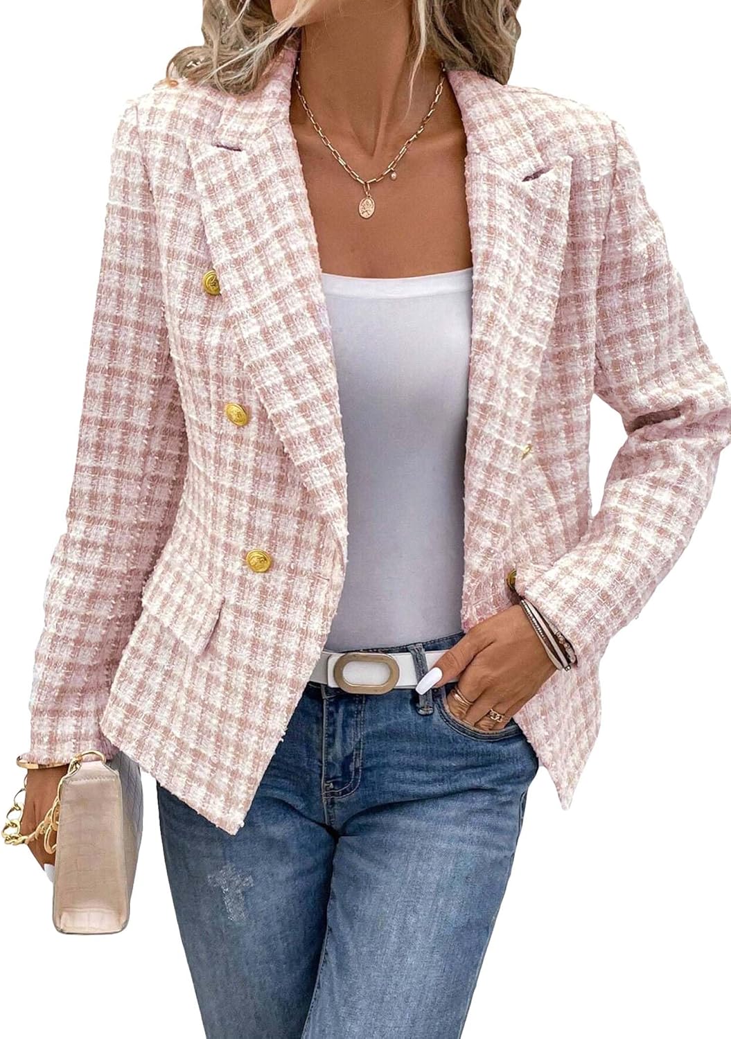 Mina Self 2025 Fall Women's Tweed Plaid Blazer Jacket - Fashion Slim Fully-Lined Double-Breasted Casual Work Coat (Pockets)