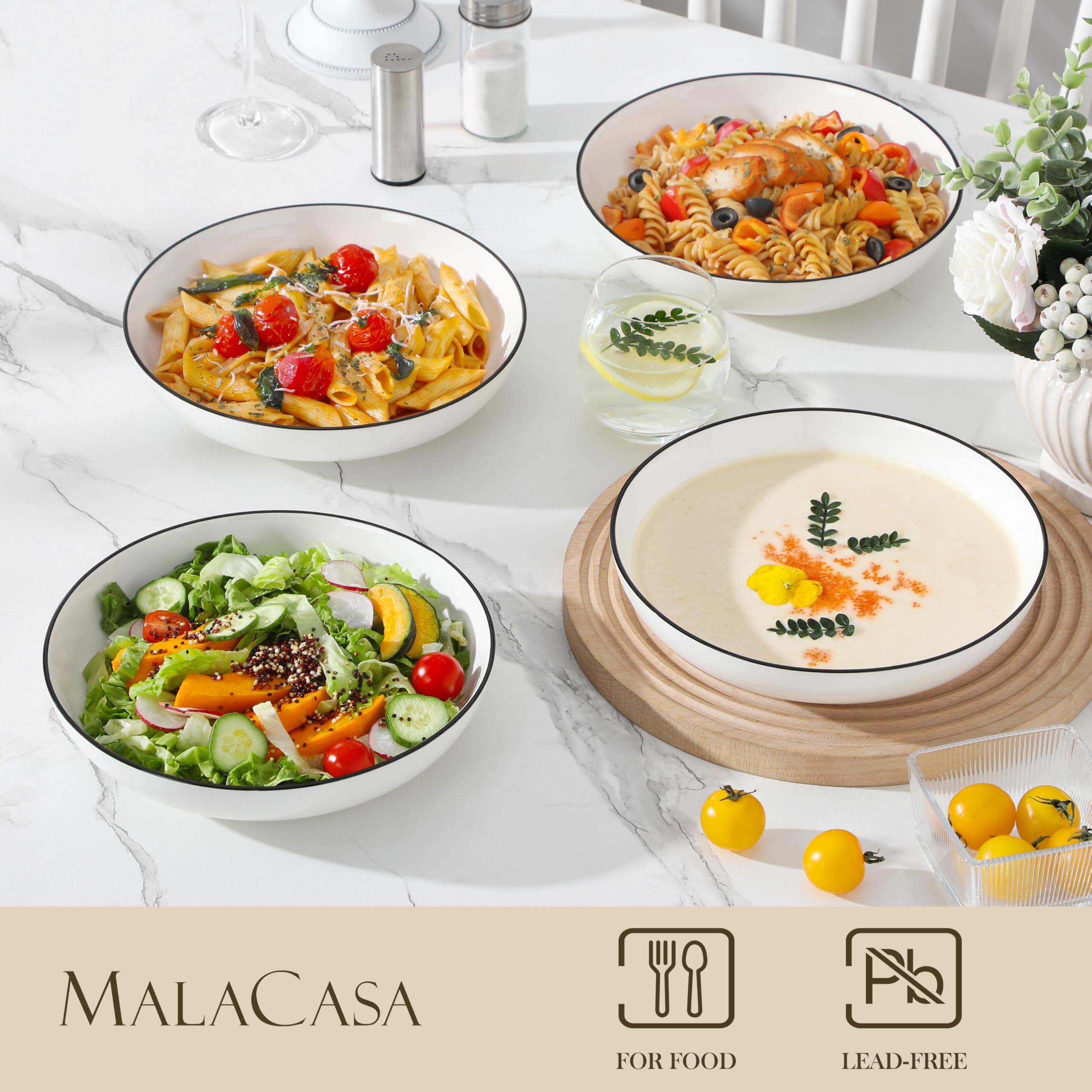 MALACASA Série REGULAR 1250ml Assiettes à Pâtes en Porcelaine, Assiettes Creuses, Service de Bols à Salade 4 Pièces, Blanc avec Bord Noir