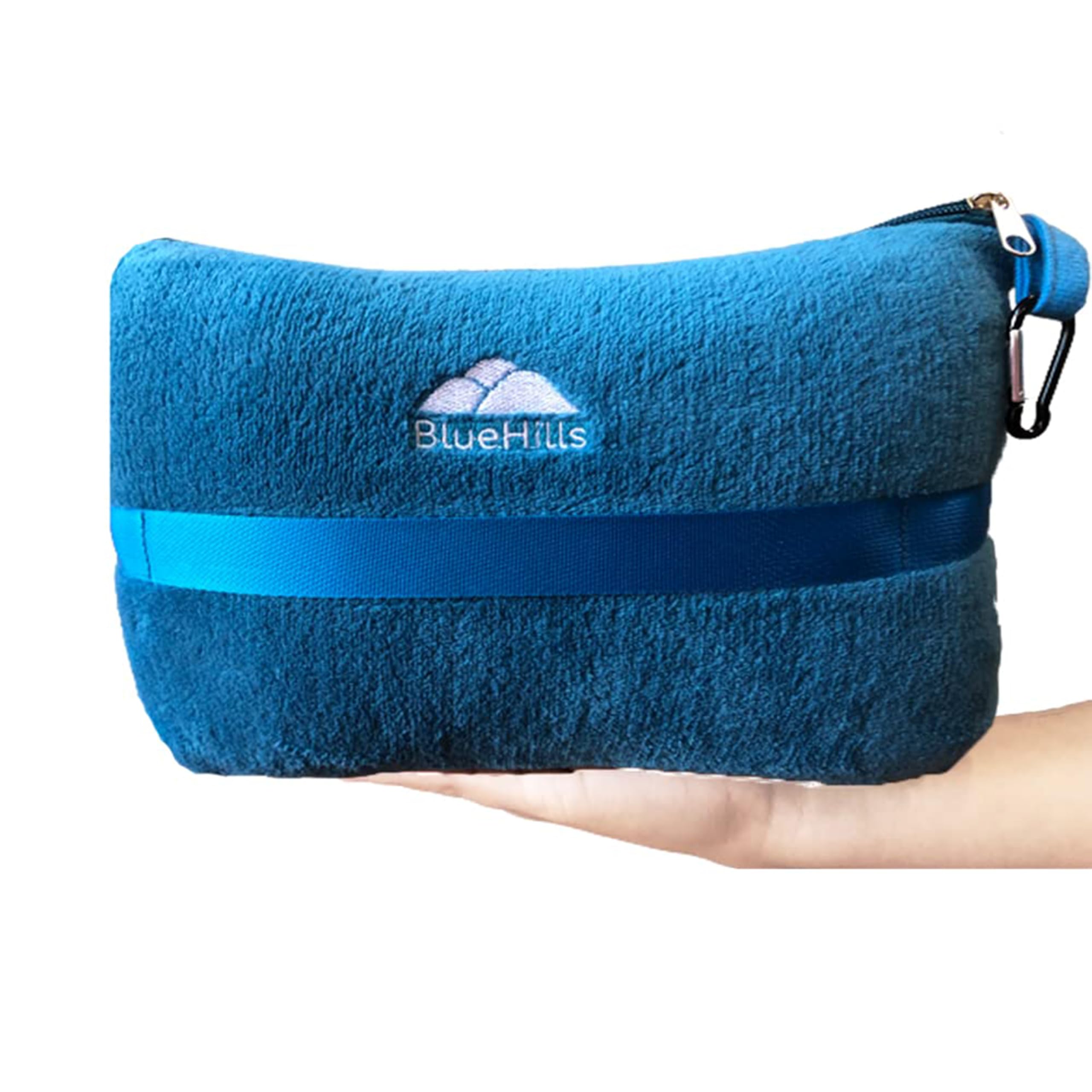 BlueHills Travel Blanket Pillow in Mini Soft Case Premium Plush Airplane Blanket in Soft Bag Compact Pack with Luggage Belt and Backpack Clip Airline Car 2 in 1 Traveler Essentials - Teal Blue M03