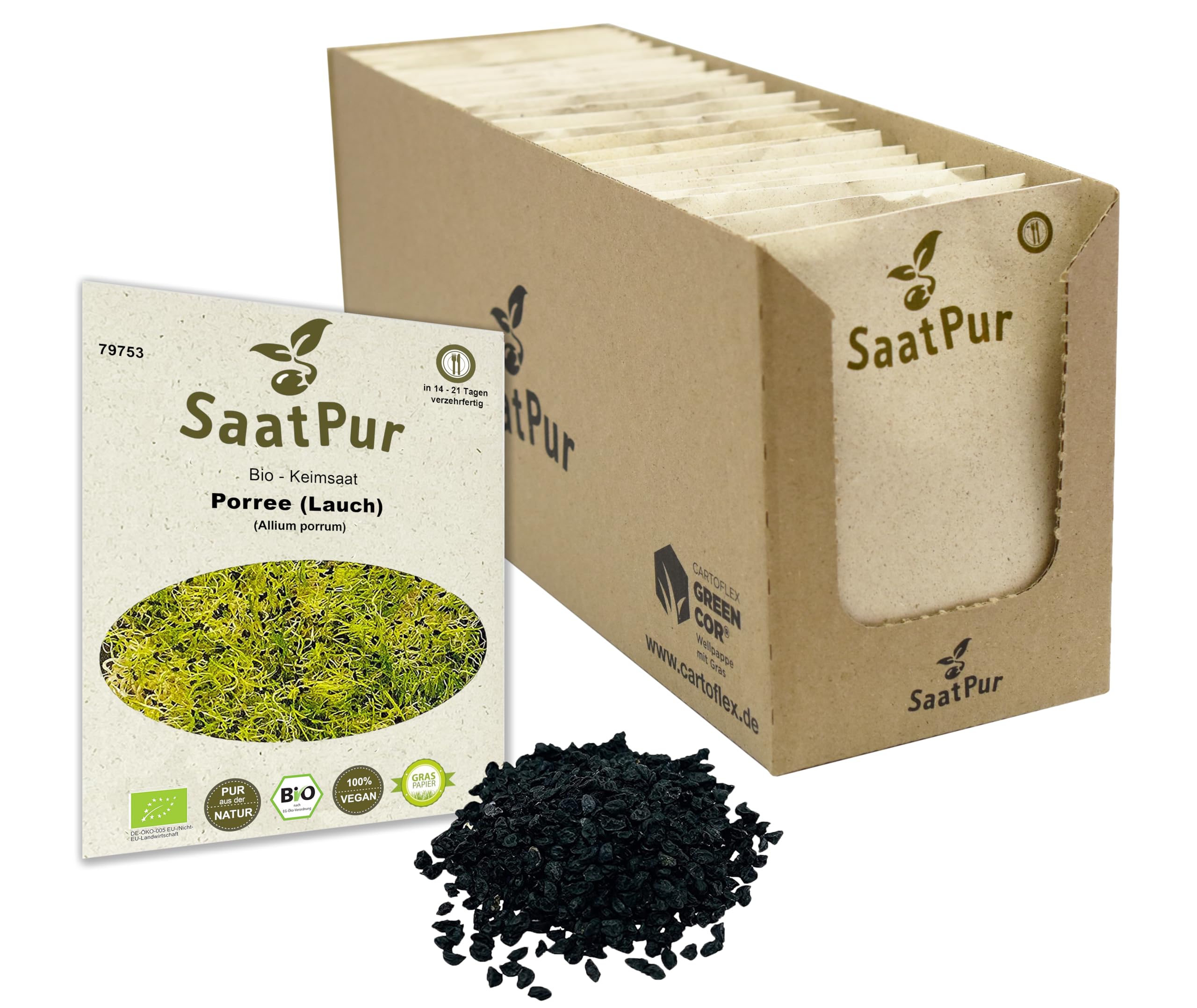 SaatPur Bio Keimsprossen - Porree Lauch Sprossen, Microgreen - Großes Tray mit 80 Portionstüten je 15g