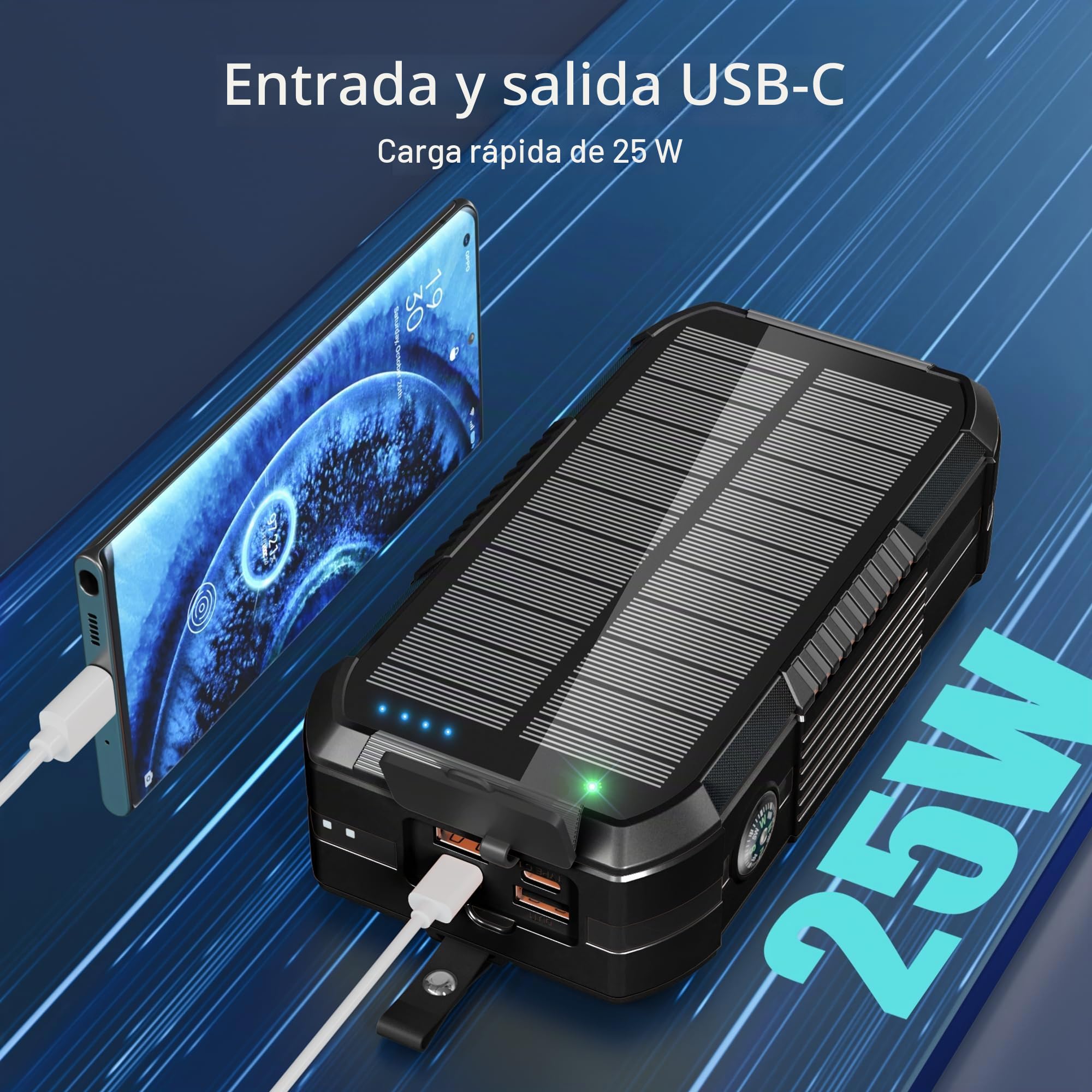 Solar Charger Power Bank 70000mAh Construido en 2 Cables y Manivela, Cargador Portátil 22.5W Cargador Rápido 6 Salidas y 4 Entradas Batería Externa con Linterna Brillante y Brújula