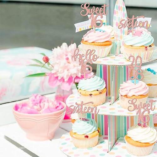 Miniatura 4 de 24 adornos para cupcakes de feliz cumpleaños número 16 con purpurina Hello 16 Sweet 16 Since 2007 selecciones para cupcakes decoraciones para tartas
