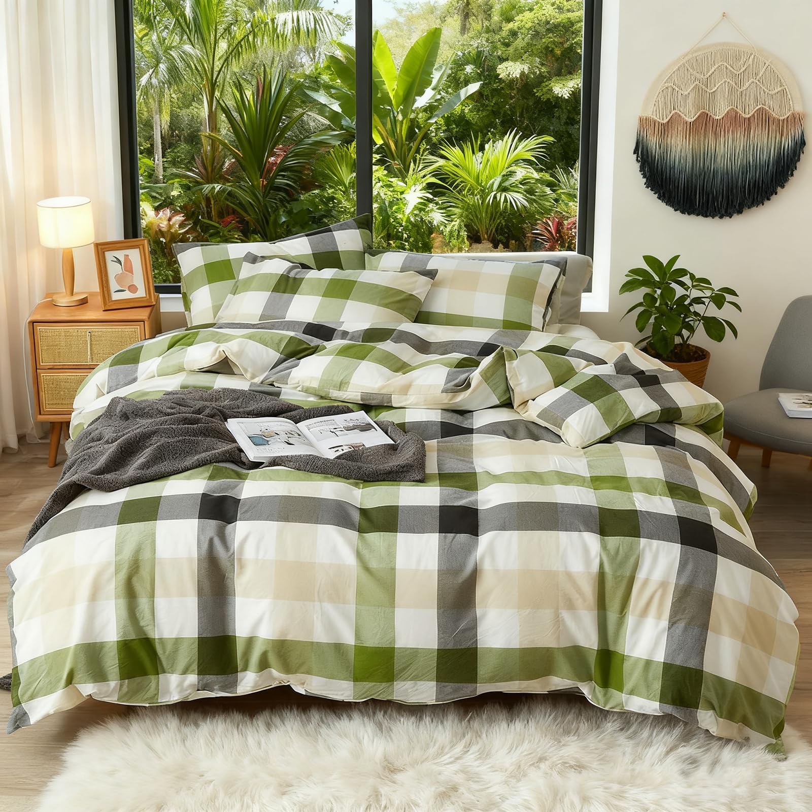 100% Washed Cotton Duvet Cover Set Super Soft Breathable Comfy Natural Linen Like Textured Bedding Set 3 Pieces with Zipper Closure (Green White Plaid, Twin)