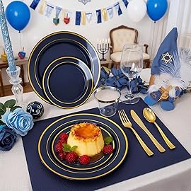 WDF Partyware 175PCS Blue and Gold Plastic Plates - Navy Blue Plates with Pre Rolled Napkins for Party - 25Guest Disposable Dinnerware Sets for Hanukkah/Party/Hanukkah/Wedding