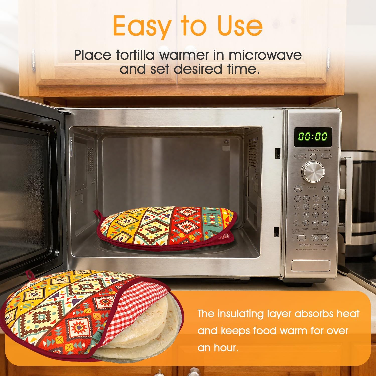2 Pack 12 Inch Large Tortilla Warmers | Orange/Black Insulated Microwaveable Fabric Pouch | Keeps Tacos, Naan, Pizza & Flour Tortillas Warm for Hours | Ideal for Family Feasts & Gatherings - Image 4