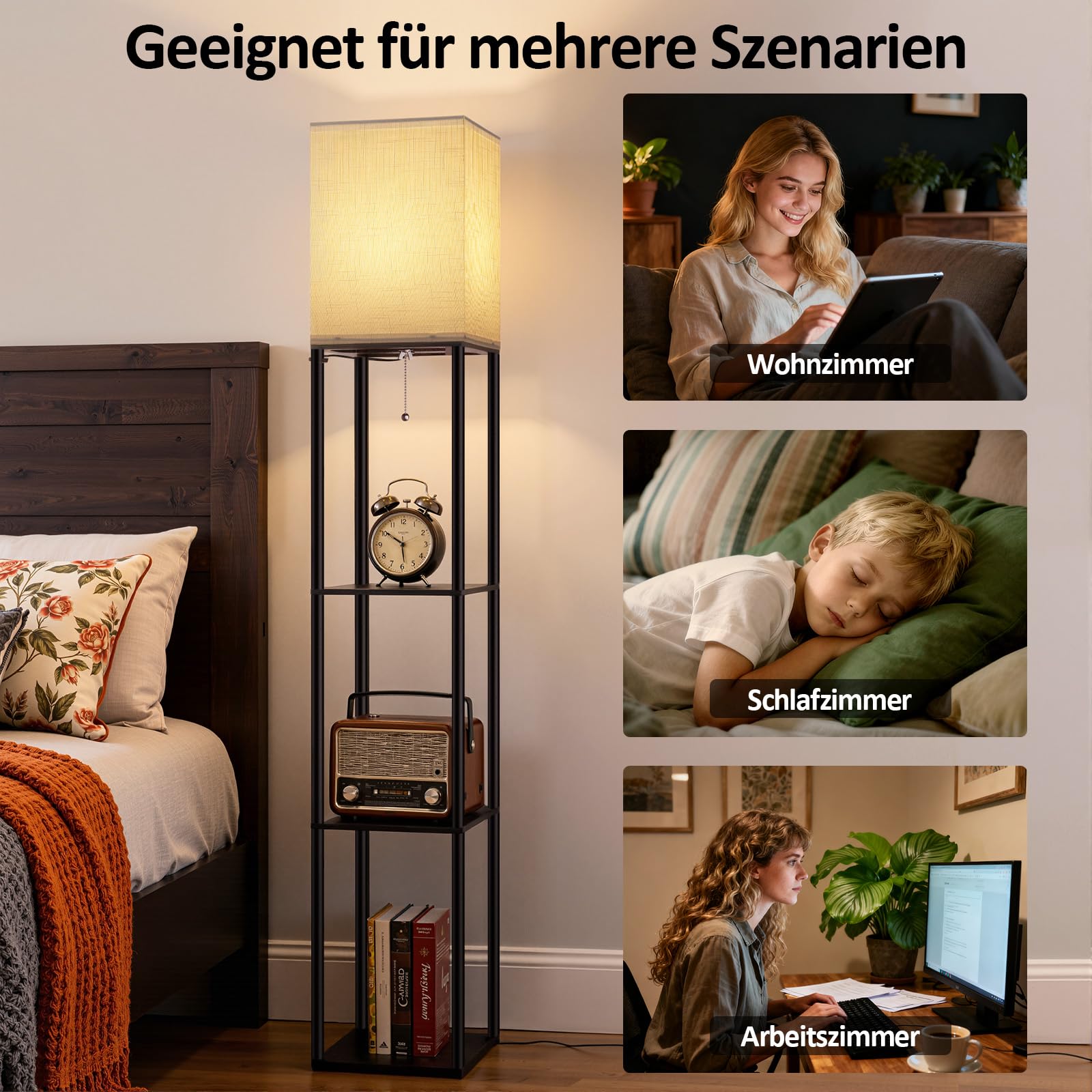Stehlampe mit regal für Wohnzimmer Vintage Metall Stehlampe mit 3 Farbtemperaturen Floor Lamp mit weißen Leinen Schatten & Foot Switch Deckenfluter für Wohnzimmer Schlafzimmer und Büro Schwarz