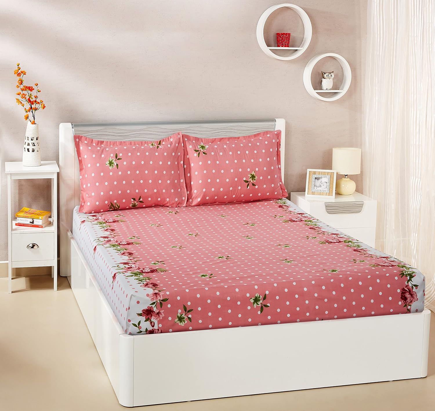 Amazon Brand Solimo Polyester Paradise Pink Double Bedsheet with 2