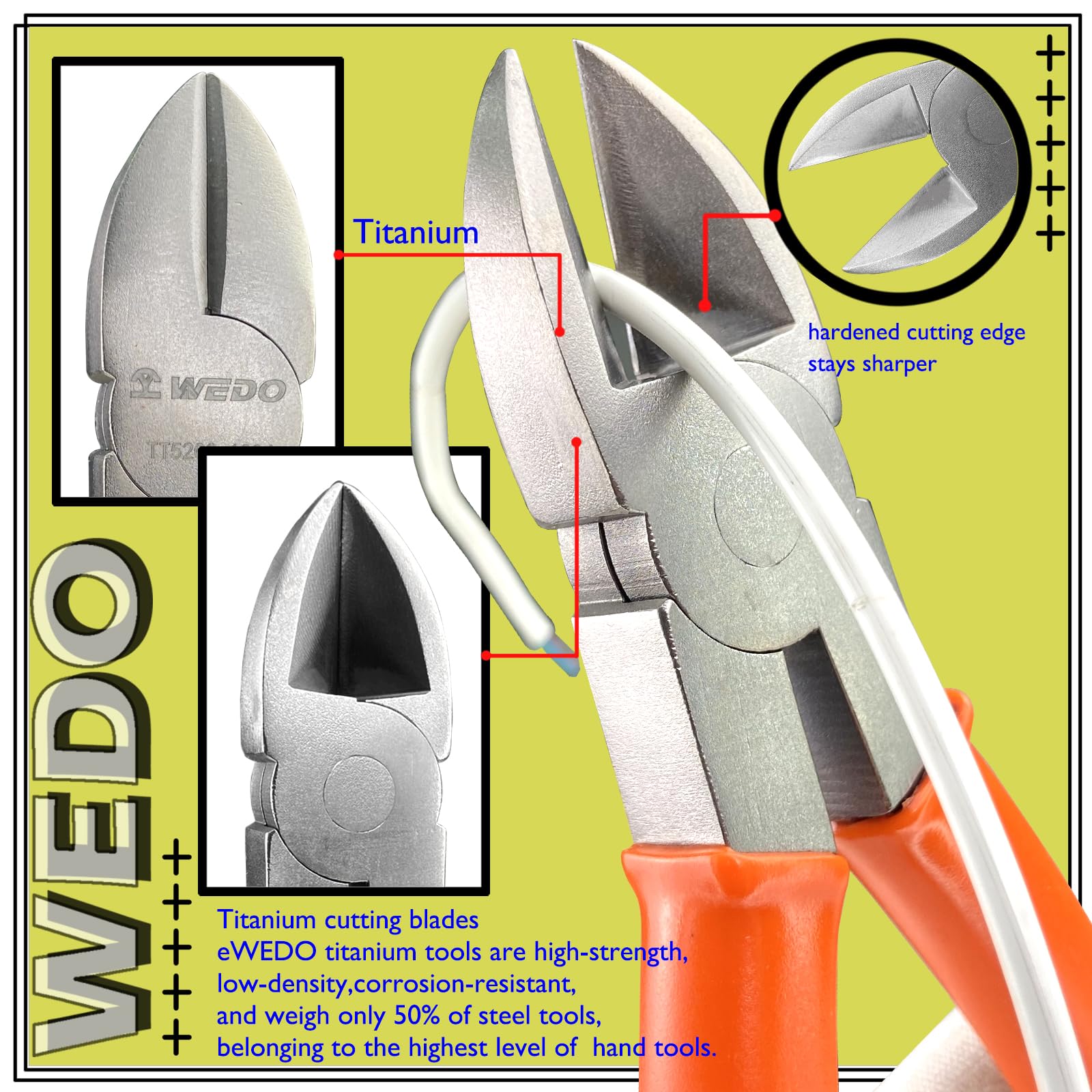 WEDO Titan Diagnol - Alicates de corte, cortador de cables, ligeros, no magnéticos, resistentes a la corrosión, 200 mm de longitud
