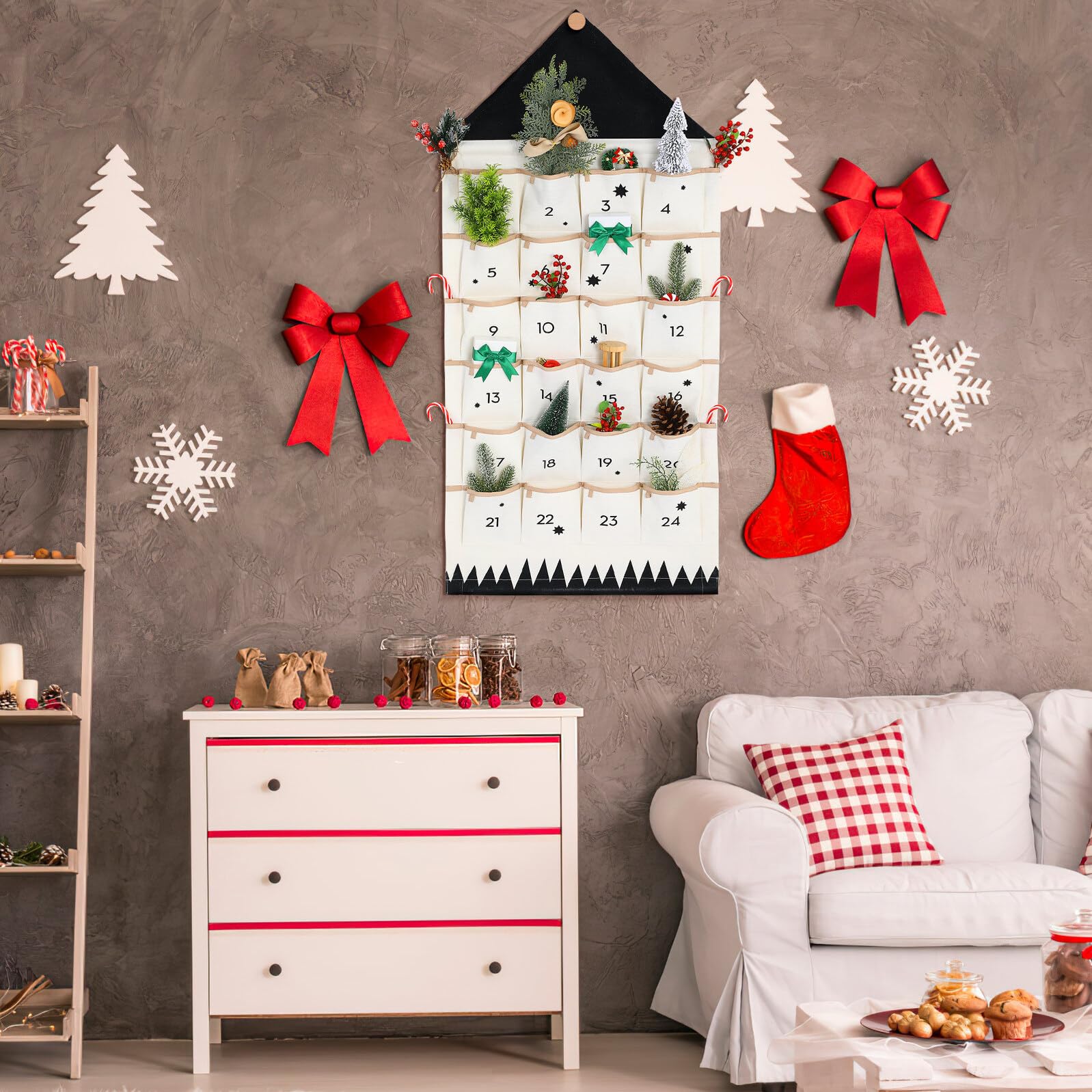 TOPBATHY Weihnachts Aufbewahrungstasche aus Baumwollstoff mit Mehreren Taschen Atmungsaktiv und Aufhängen an Wand oder Tür Geeignet Praktischer Organizer im Haus Design