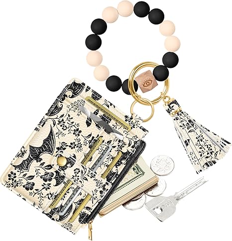 Wallet Keychain Wristlet for Women - Credit Card Holder Wallets Key Chain Ring Cute Design Slim Small RFID Coin Pocket Purse for Ladies Teen Girls Fashion Bat Flower