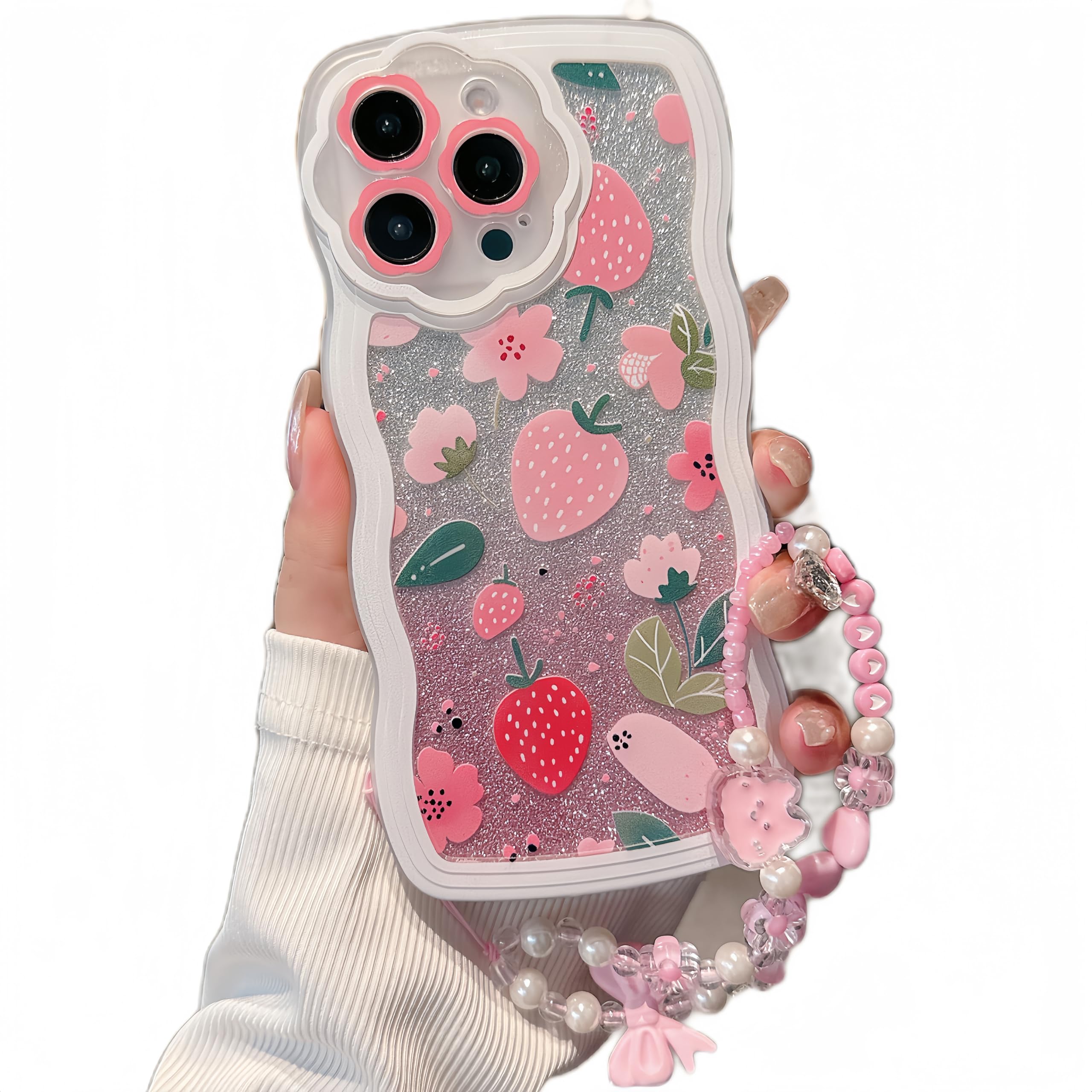 Compatible with iPhone 12 Pro max case, cute wavy edge shell, kawaii strawberry, floral pattern with cute bracelet, made of soft, eco-friendly and