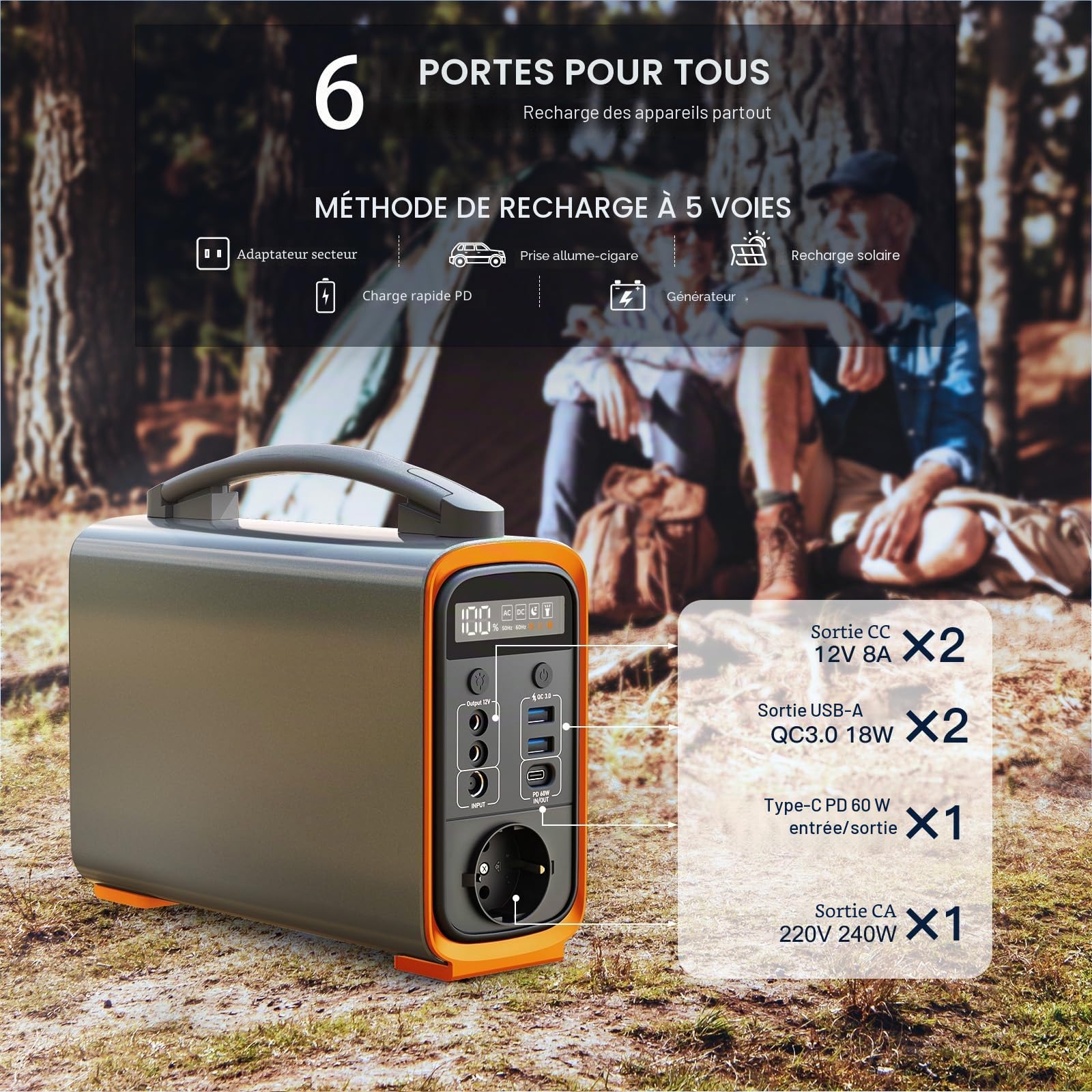 JustNow Station d'alimentation portable 240 W/240 Wh, batterie LiFePo4 avec sortie AC/DC/USB/PD 60 W, générateur solaire pour camping, extérieur, camping-car (GT240)