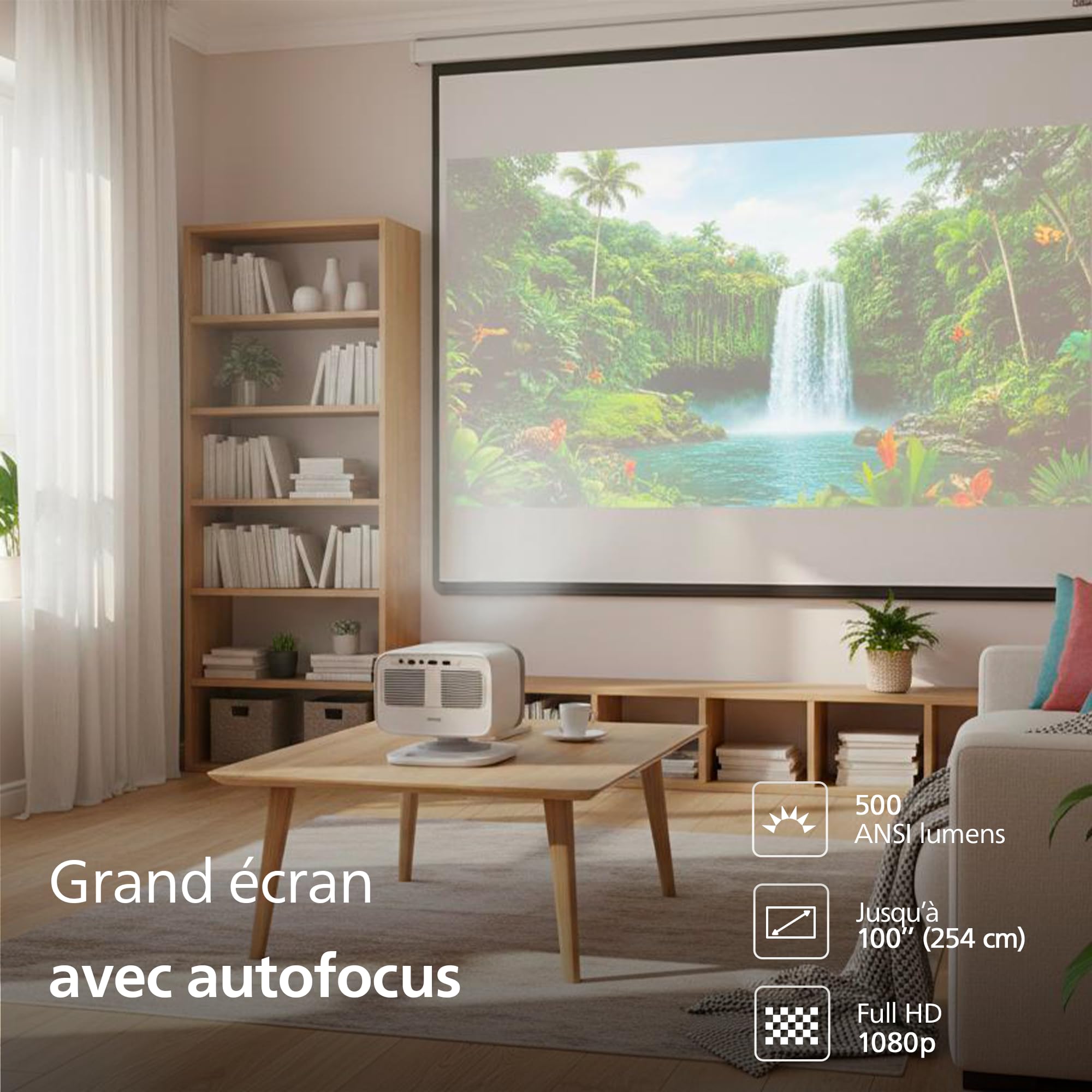 Philips Neopix 444, Vidéoprojecteur 4K, Résolution Native 1080p, 500 Lumens ANSI, Son Stéréo 10 Watts, Autofocus, Autokeystone, Cable HDMI vers USB-C fourni, Blanc.