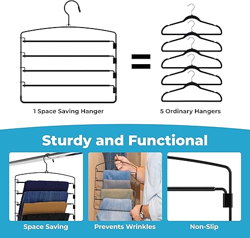 Miniatura 6 de Fontaines - Paquete de 4 perchas de lujo para pantalones de 5 niveles, ultra delgadas y ahorran espacio, gancho giratorio de metal resistente con