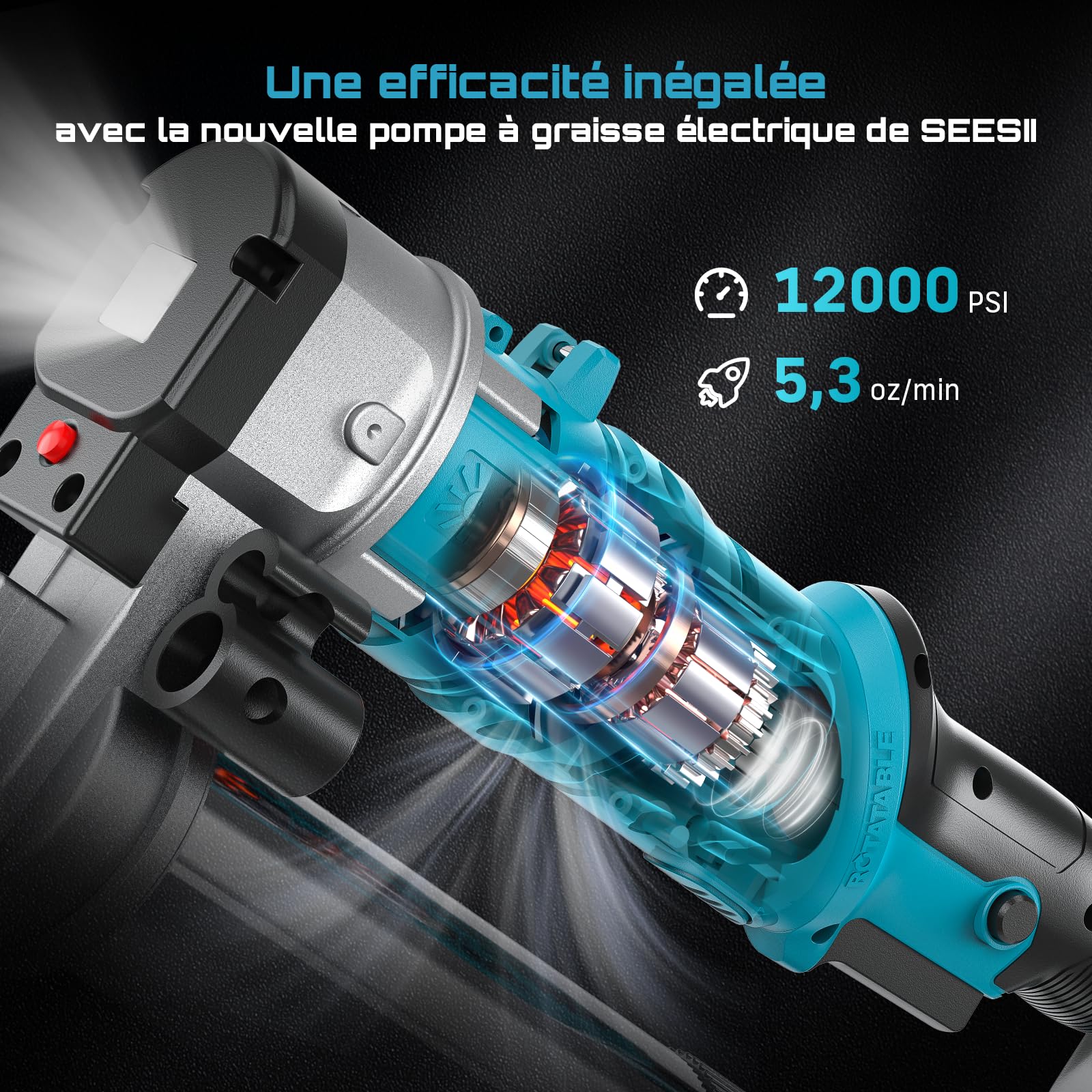 Seesii Pompe à Graisse Innovante 2 en 1: Pompe a Graisse Electrique à Haut Rendement de 5,3 oz/Min 12000 PSI avec 2 * Batteries 2,0Ah et Chargeur, Pistolet à Graisse Facile à Utiliser