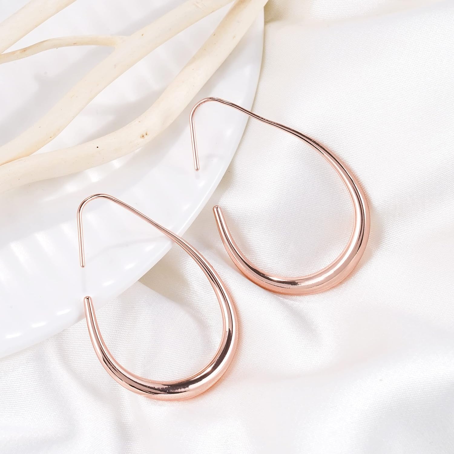 Lightweight Teardrop Hoop Earrings for Women - 14k Gold/White Gold Plated Large Oval Pull Through Hoop Earrings High Polished Statement Jewelry Gift for Women - Image 5