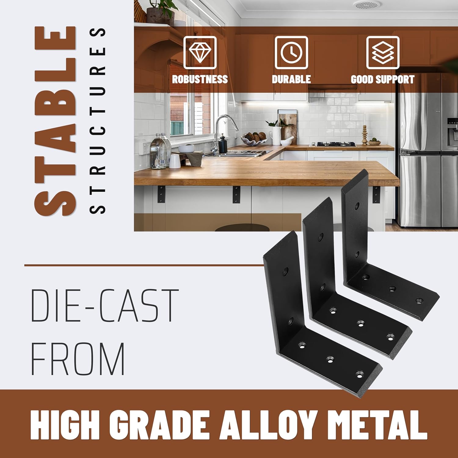 ECOTRIC 3Pcs Countertop Support Brackets 8"x6"x2.5" L Shape Shelf Bracket for Table Bench, Bar Tops, Cabinetry, Shelves and DIY 500 LBS Heavy Duty Black Steel