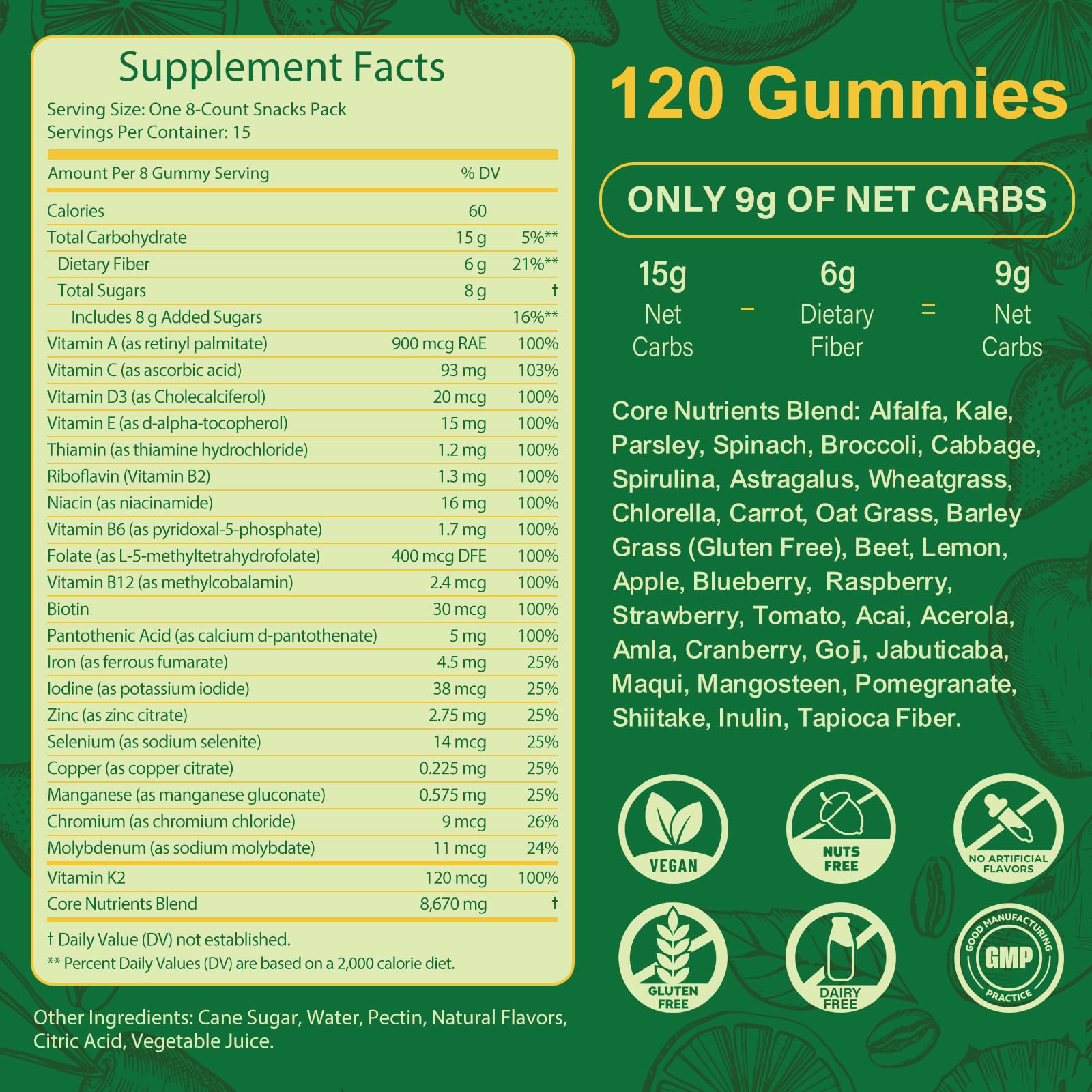 Greens Daily Gummies, Superfood Fruits and Veggies Blend with Spirulina, Chlorella, Prebiotics & Fiber, Adaptogens Multivitamin Supplement for Digestive Health, 120 Count — Amazon image 4
