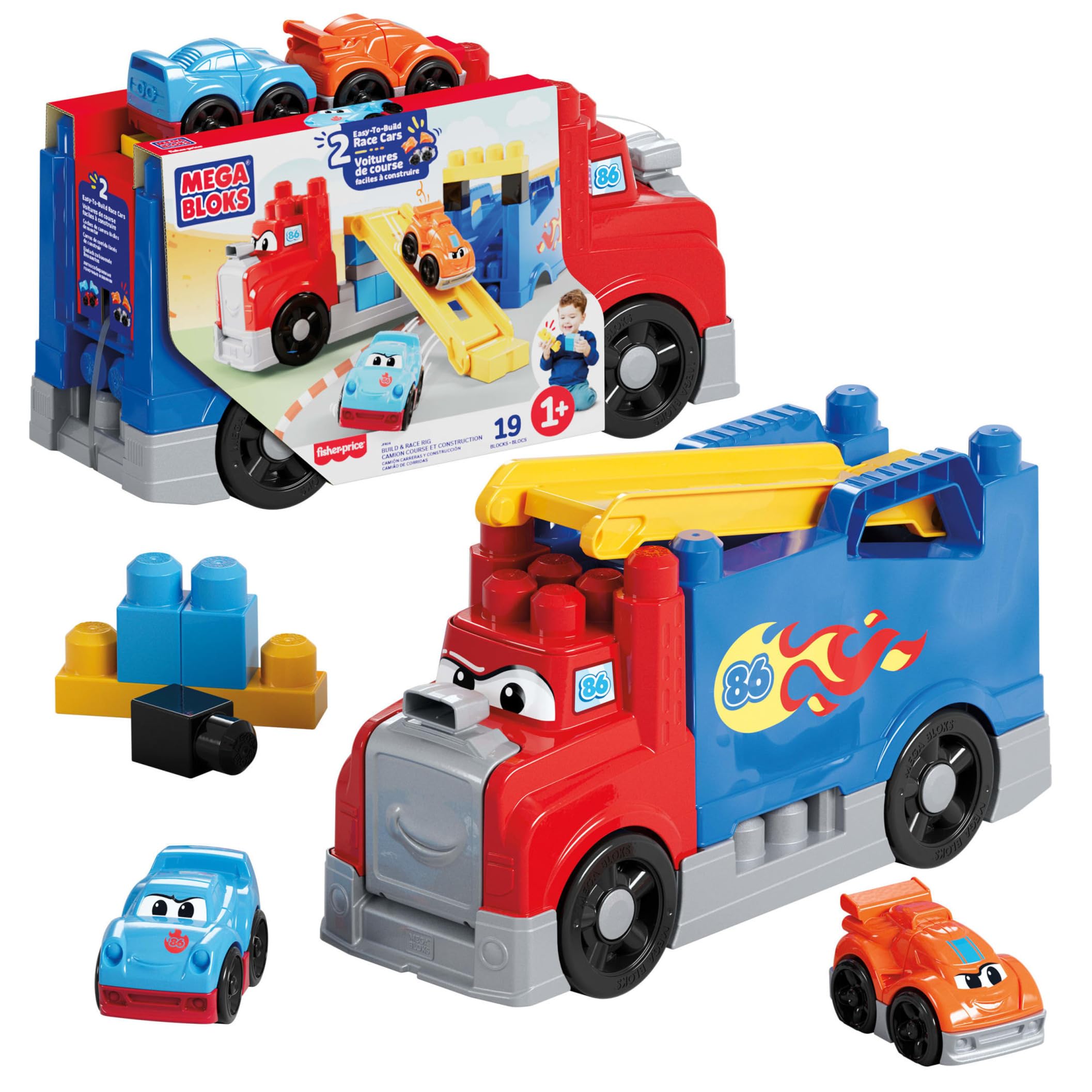 MEGA BLOKS First Builders Toddler Building Blocks Toy Set, Build & Race Rig with 19 Pieces, 2 Race Cars and Storage, Red, Ages 1+ Years, JFR29