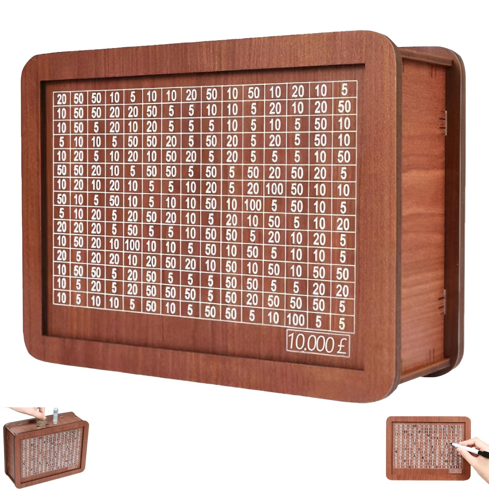 Mxlfdc Brown Wooden Saving Challenge Money Box 10,000 Retro Cash Saving Box 20X14.5cm Wooden Money Box With Money Target And Numbers Piggy Bank Money Saving Box With Counter For Kids Adults