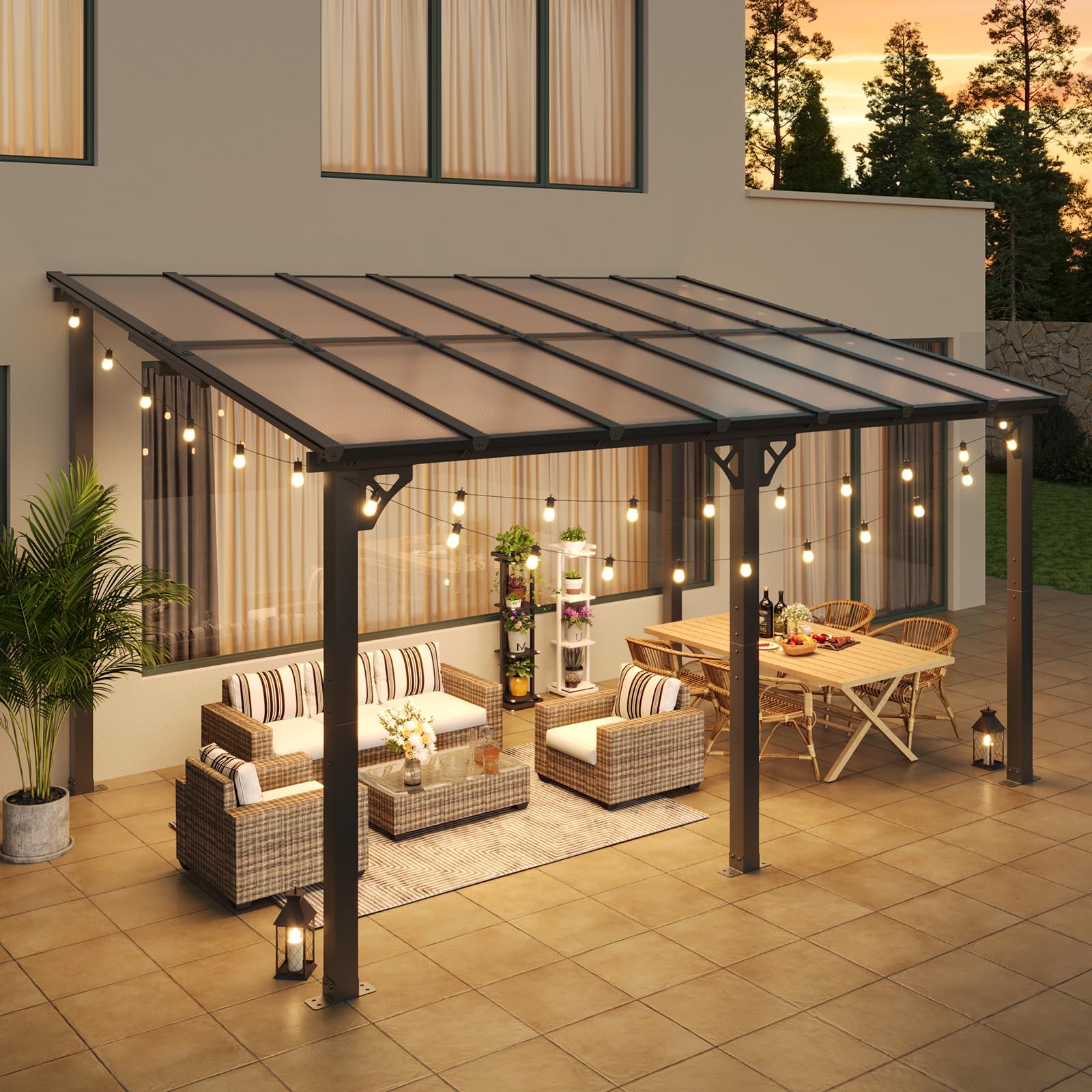 Overall view of the Aoxun 10' x 14' Wall Mounted Gazebo with LED lights installed, providing an illuminated outdoor patio space.