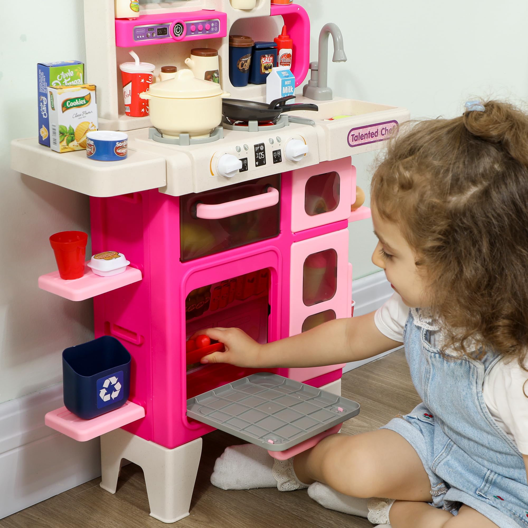 AIYAPLAY Cocina de Juguete con Luces y Sonido para Niños 52,5x22x100cm Rosa | Cocinita Infantil con Accesorios, Fregadero, Ollas, Utensilios, Alimentos Falsos, a Partir de 3 Años