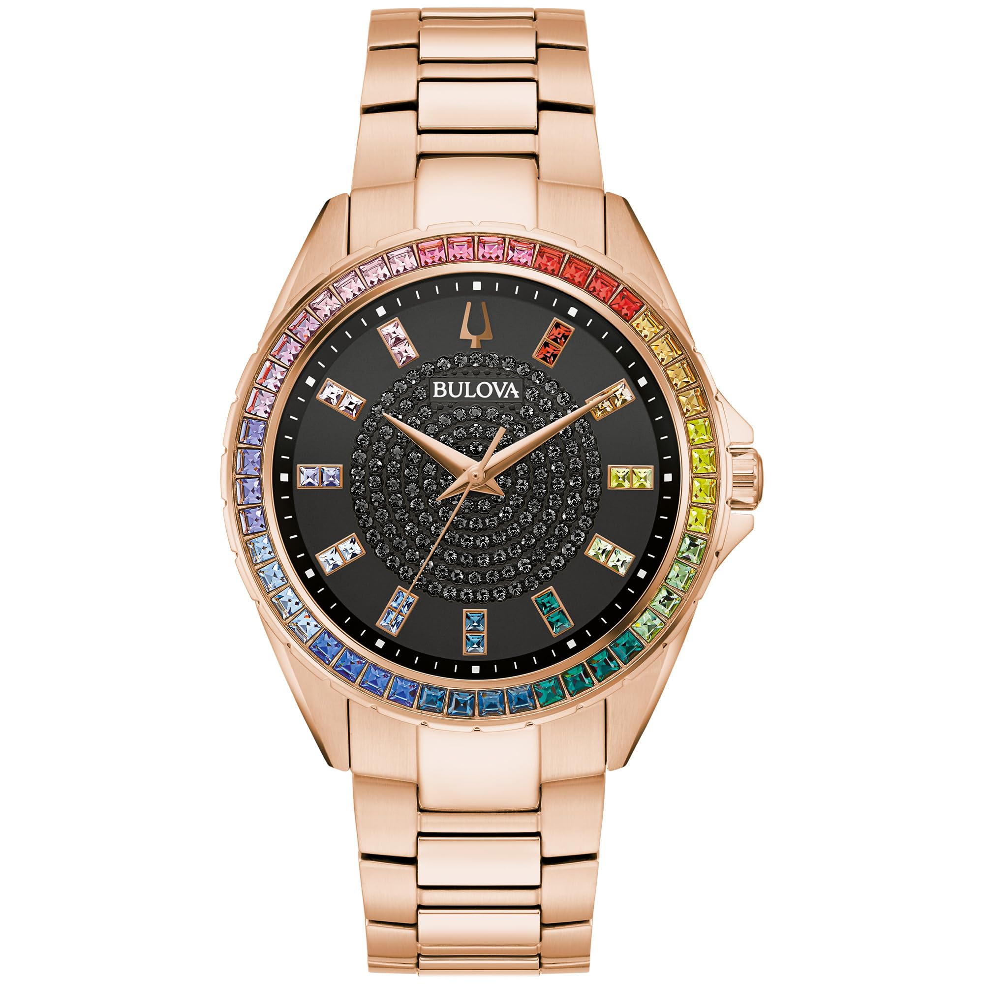 BulovaMen's Crystal Phantom Rose Gold Tone Stainless Steel 3-Hand Watch,  Rainbow Crystal Bezel and Black Dial with Pave Center, Style:97A180