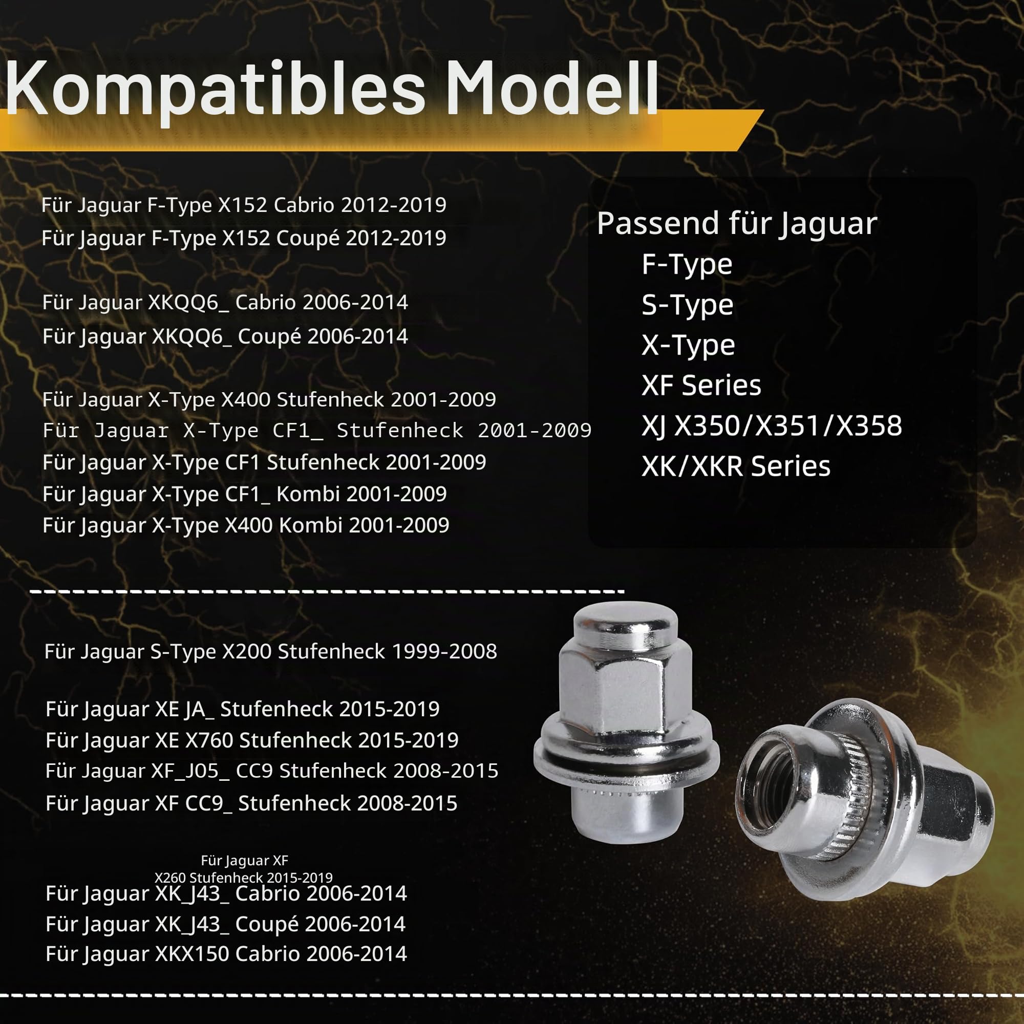 Radmuttern aus Karbonstahl, für Jaguar F-Type, S-Type, X-Type, XF-Serie, XJ X350/X351/X358, XK/XKR Serie, M12 x 1,5, Radmuttern, 20 Stück