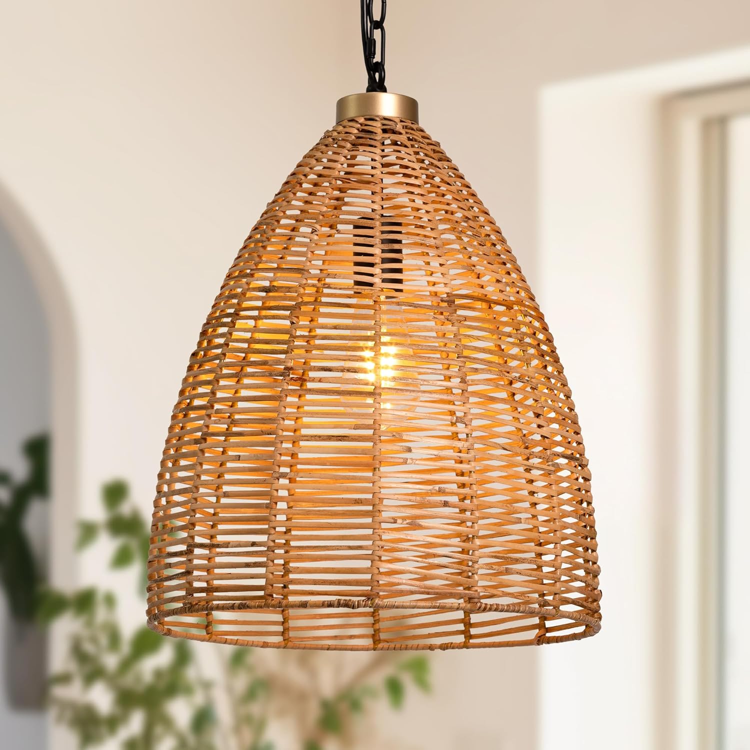 KSANA Boho Rattan Pendant Light, 1-Light Handwoven Wicker Hanging Light, 14" Natural Farmhouse Pendant for Kitchen Island, Dining Room & Entryway