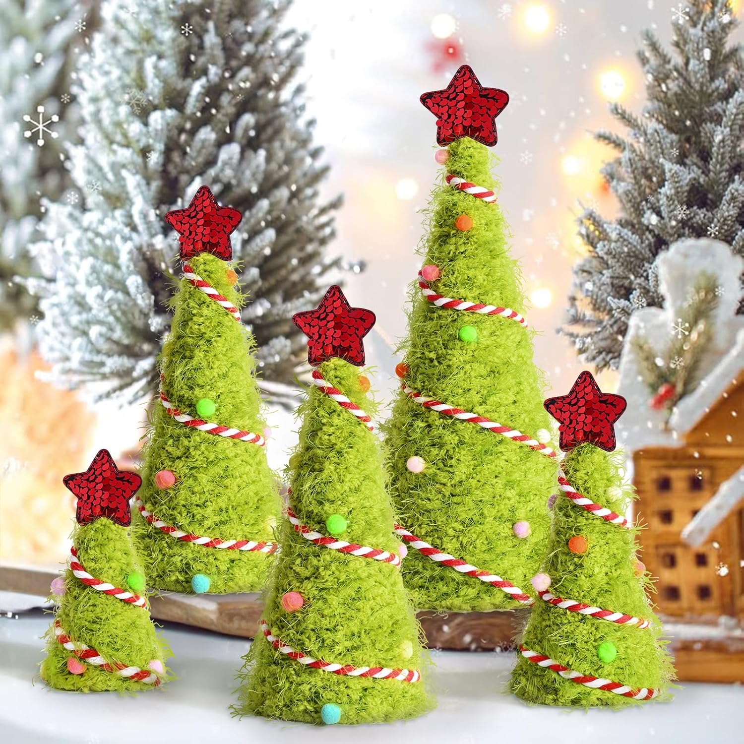 Lime Green Furry Christmas Cone Tree, Plush Fur Surface Cone Christmas Trees for Xmas Table Centerpiece Decor, Green Table Decorations for Xmas New Year Winter Holiday, 5Pcs