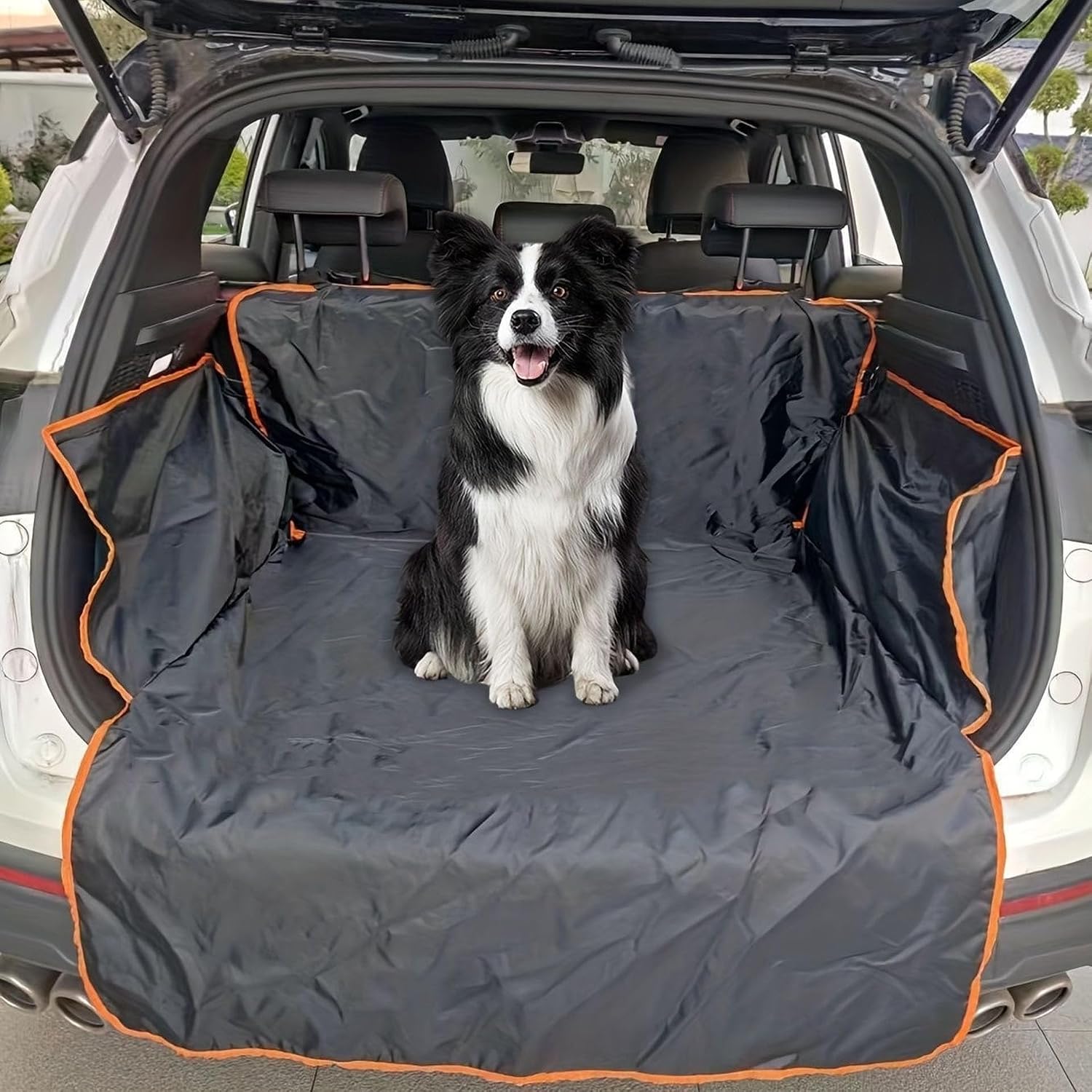SUV Cargo Liner for Dogs, Waterproof Pet Trunk Mat with Side Pockets, Non Slip Scratch Resistant Car Seat Cover, Durable Oxford Fabric Protector for SUV Truck Sedan, Black Orange image 4