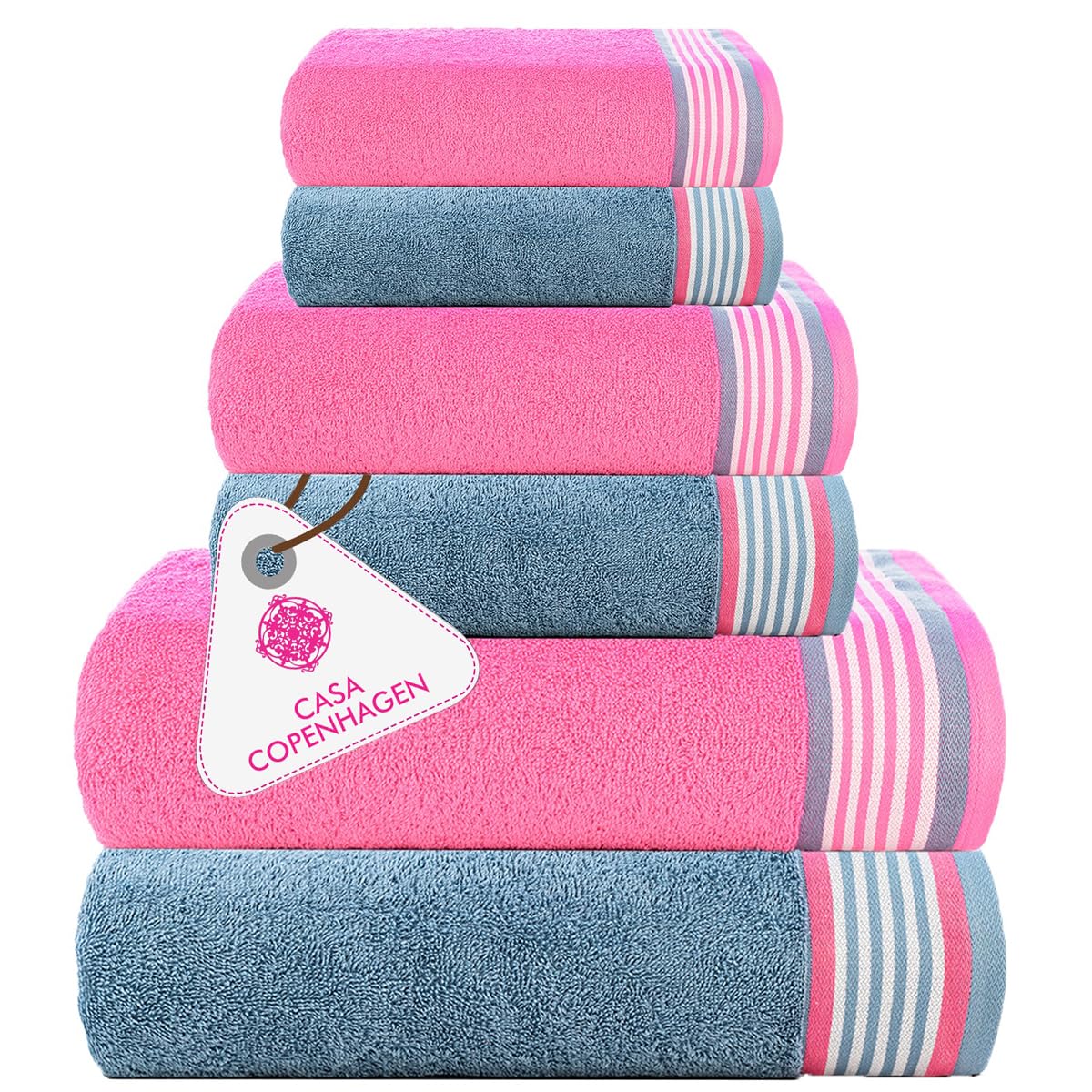 Casa Copenhagen Ensemble Serviettes 6 pcs He & She, Bleu +Rose, 550 g/m², 2 Bain, 2 essuie-Mains, 2 Gants Toilette, conçu au Danemark, fabriqué à partir de en Coton égyptien pour Cuisine et Douche