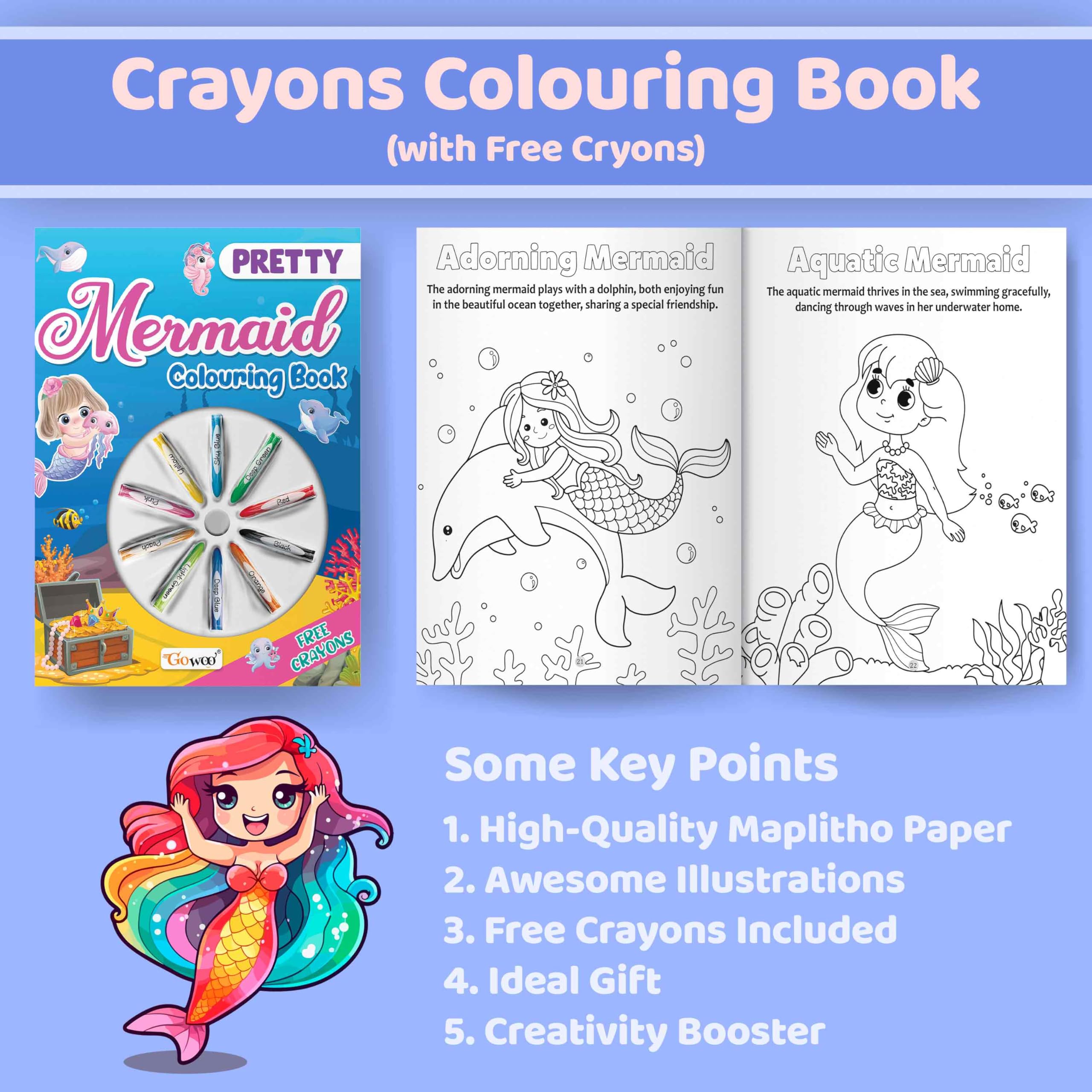 Pretty Mermaid - Libro para colorear con crayones | Aqua Dreams: Whimsical Adventures with Mermaids
