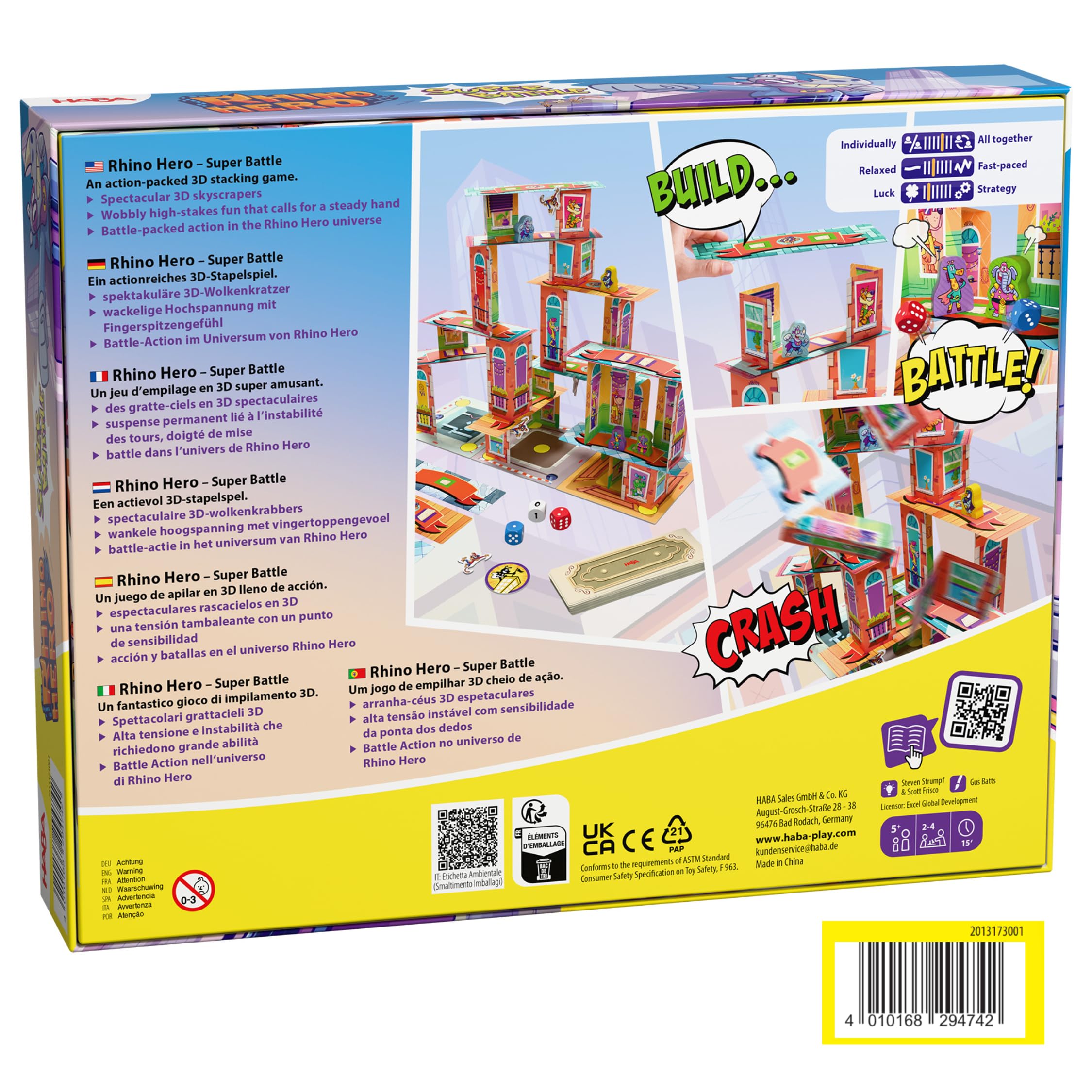 HABA Rhino-Hero: Super-Battle – Spektakuläres 3D-Stapelspiel für Kinder-ab-5-Jahren – Spannendes Geschicklichkeits-Spiel für 2-4 Personen – 2013173001
