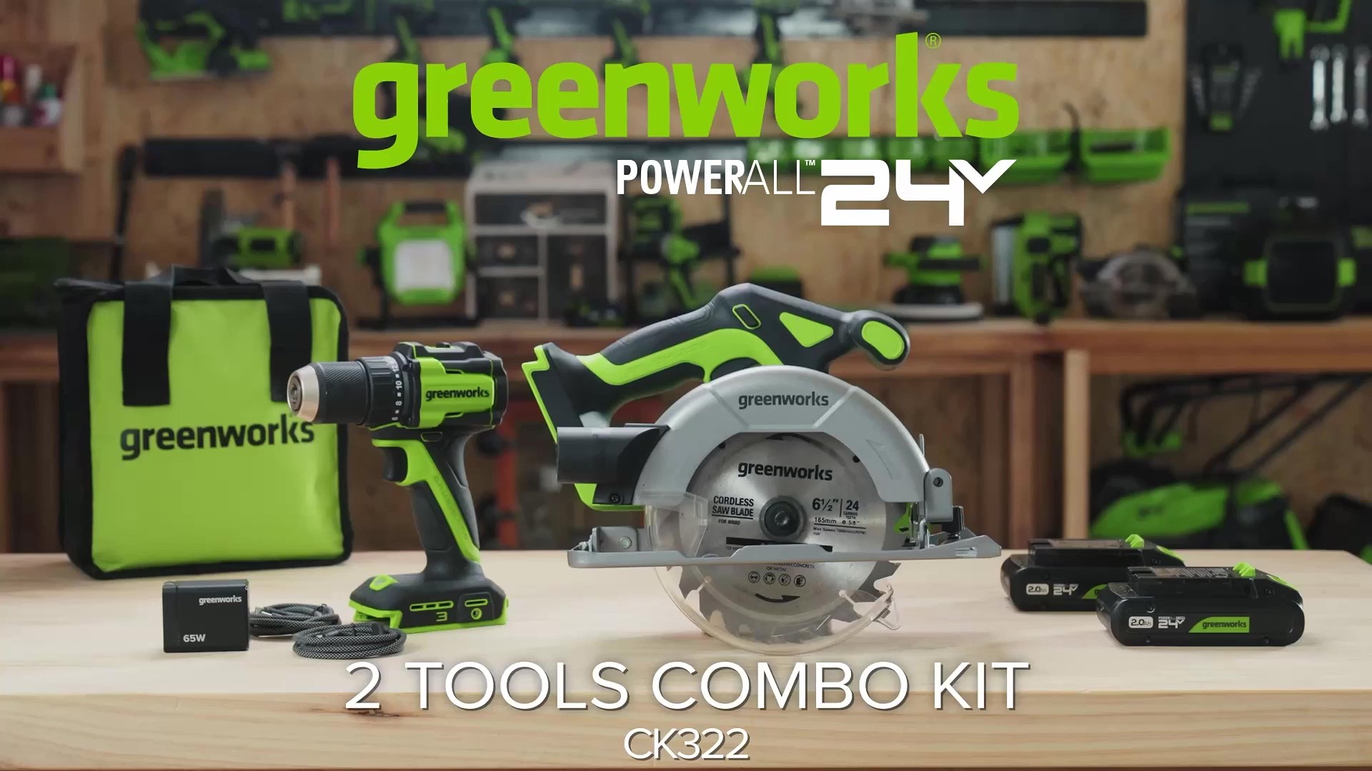 Image of GREENWORKS 24V 1 /2 inch Brushless Cordless Drill (400 In-lbs.) + 6.5 inch Circular Saw (4,800 RPM), (2) 2.0Ah (12,000mAh Power Bank) USB-C Batteries, Braided Cable, 65W Rapid Charger