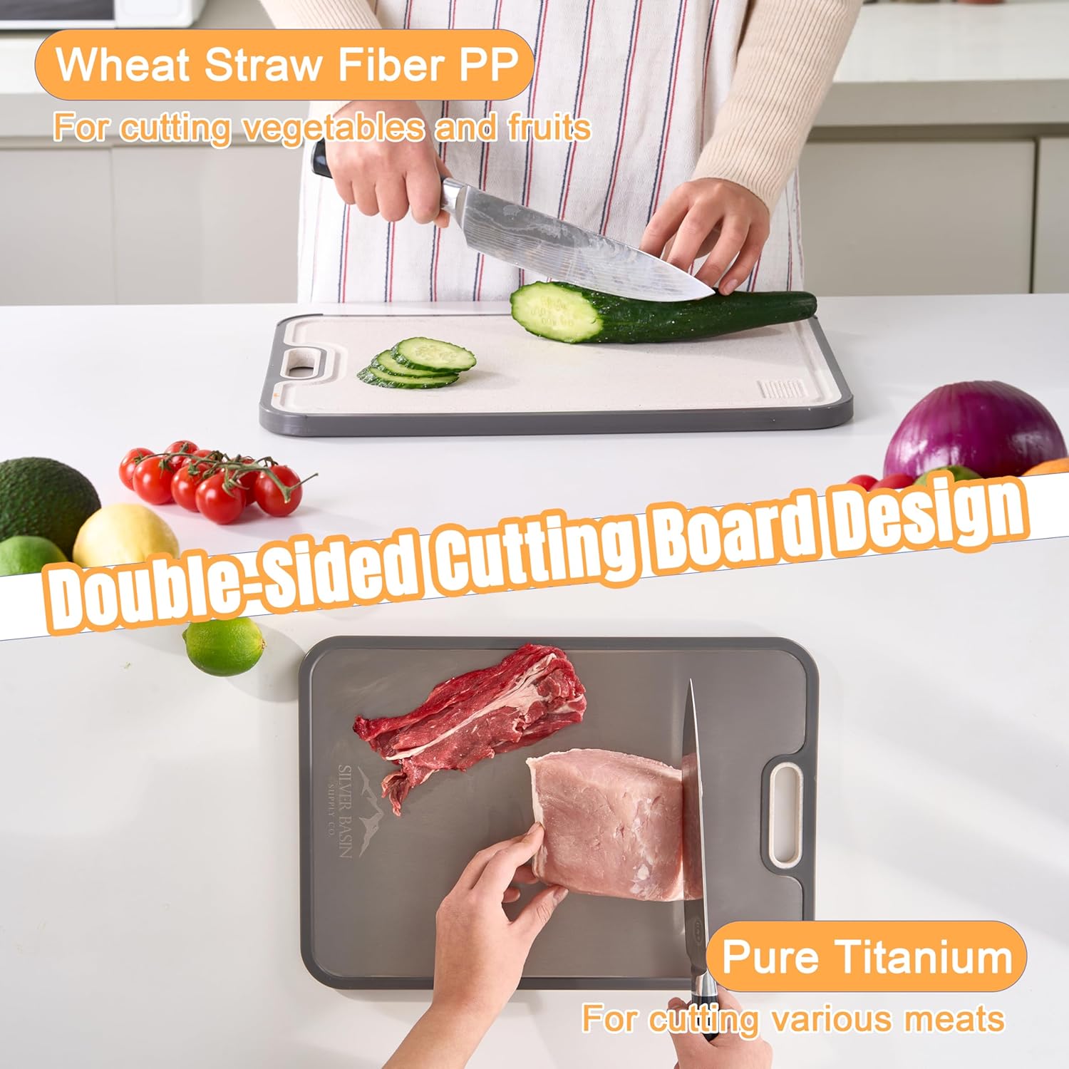 Double-Sided Titanium and Wheat Straw Cutting Board for Kitchen - Eco-Friendly, Large, Durable Chopping Board - Smart Kitchen Tools for Home Cooks and Chefs