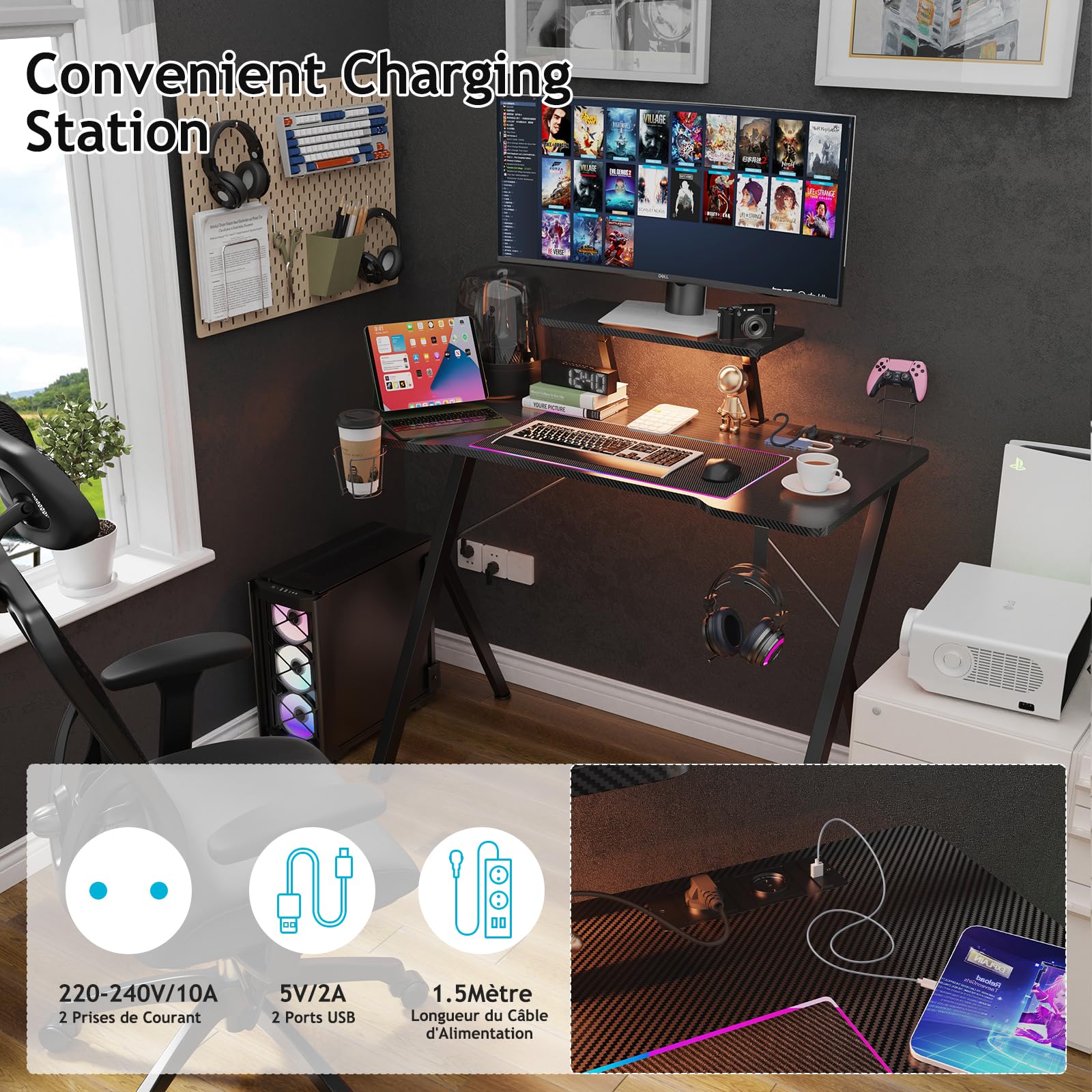 BEXEVUE Bureau Gaing avec Prises Courant LED - 100x50c oderne Table