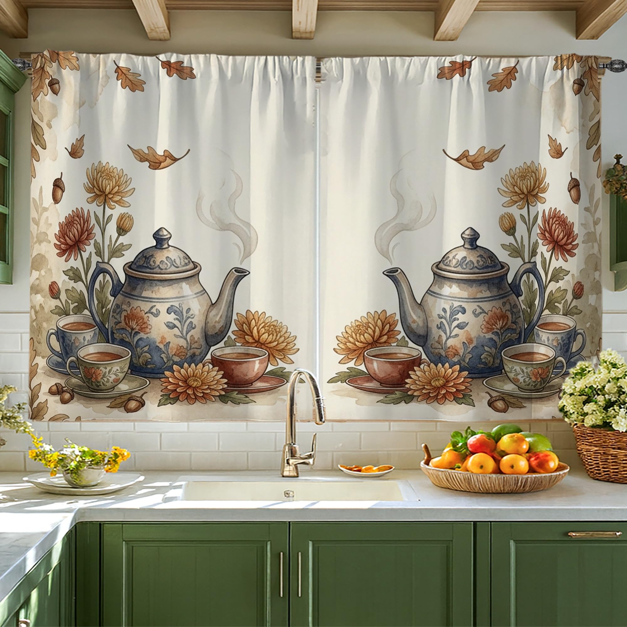 Rideaux à motifs théières et fleurs bleu automne au style rustique intemporel