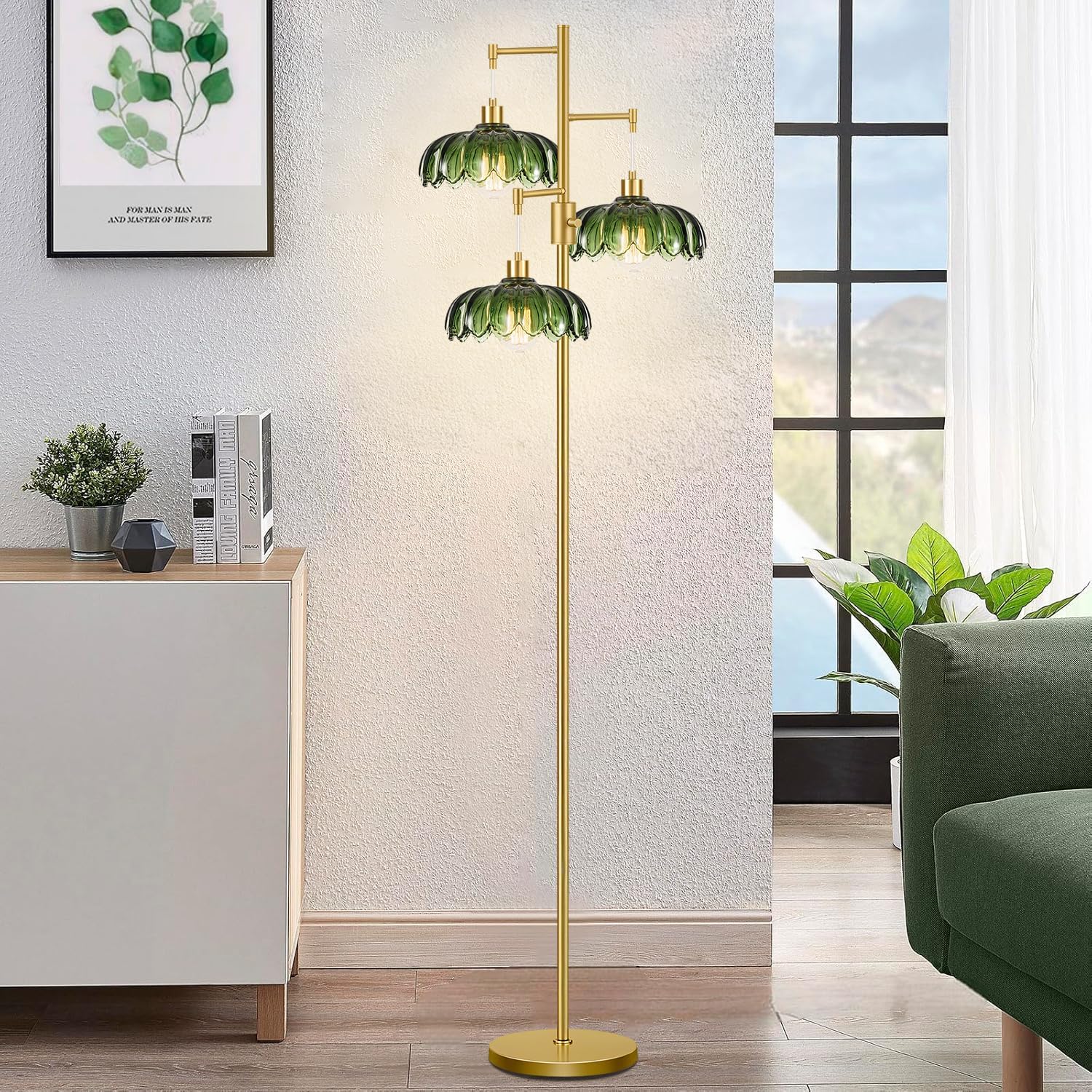 Vintage Floor Lamps for Living Room Bedroom-3 Light Dimmable Gold Floor Lamp with Glass Lampshape, Flower Tall Lamp Modern Mid Century Standing Lamp Green Tree Floor Lamp for Bedroom Corner