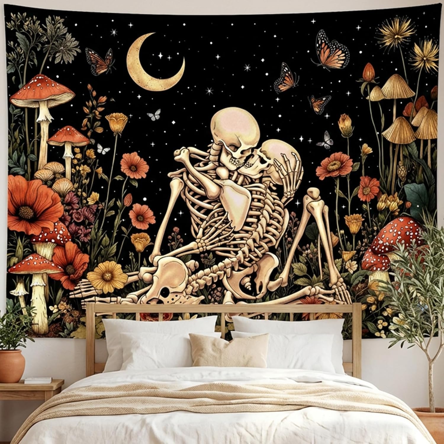 Lifeel Skeleton Lovers Tapestry, The Kissing Lovers Boho Aesthetic Skull Gothic Tapestry for Bedroom Living Room, 36x48 inches