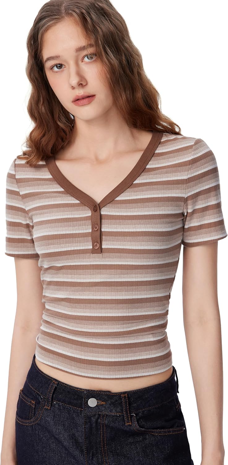 CIDER Womens Striped V Neck T Shirt Casual Short Sleeve Knit Top Tee - Image 4