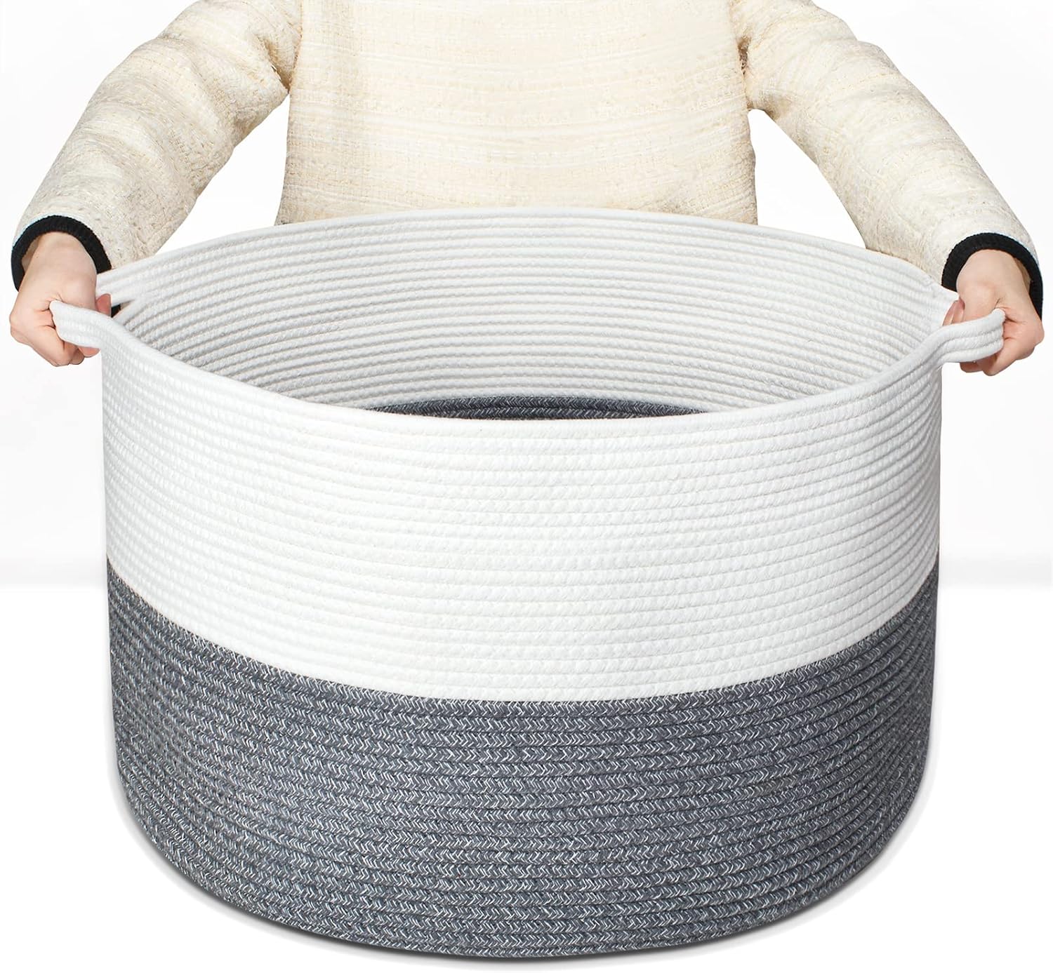 Annecy XXLarge Cotton Rope Basket, 21x13 Inches Blanket & Laundry Basket with Handle for Toys, Towels, Pillows & Blankets, White & Grey
