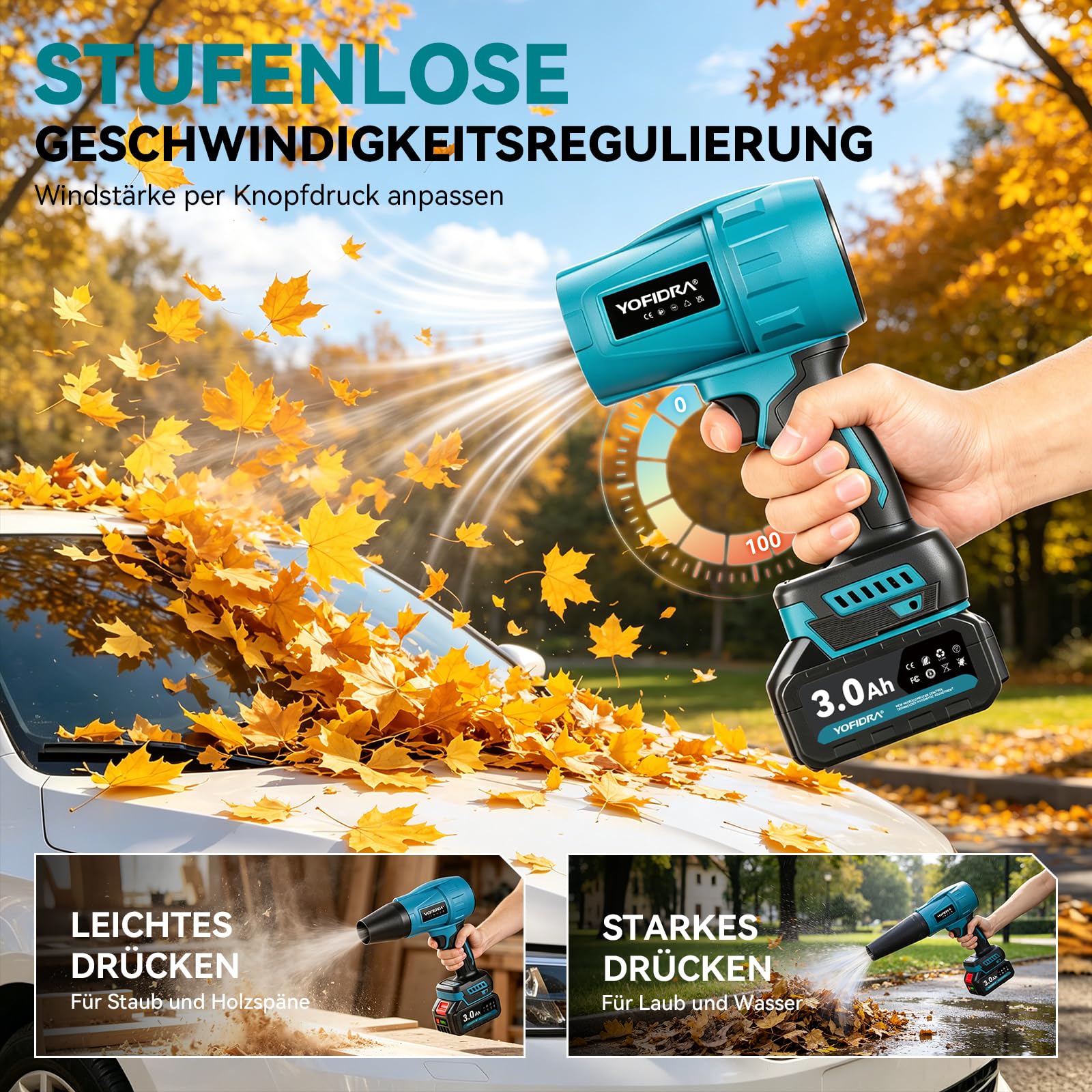 Yofidra Upgrade Turbo Gebläse Akku, Bürstenloses Laubbläser Akku, 300m/s Jet Fan mit 2 Akkus, 3 Gang, 4 Düsen, 33,000RPM Turbo Fan für Laubblasen Auto Laub, Schnee, Staub