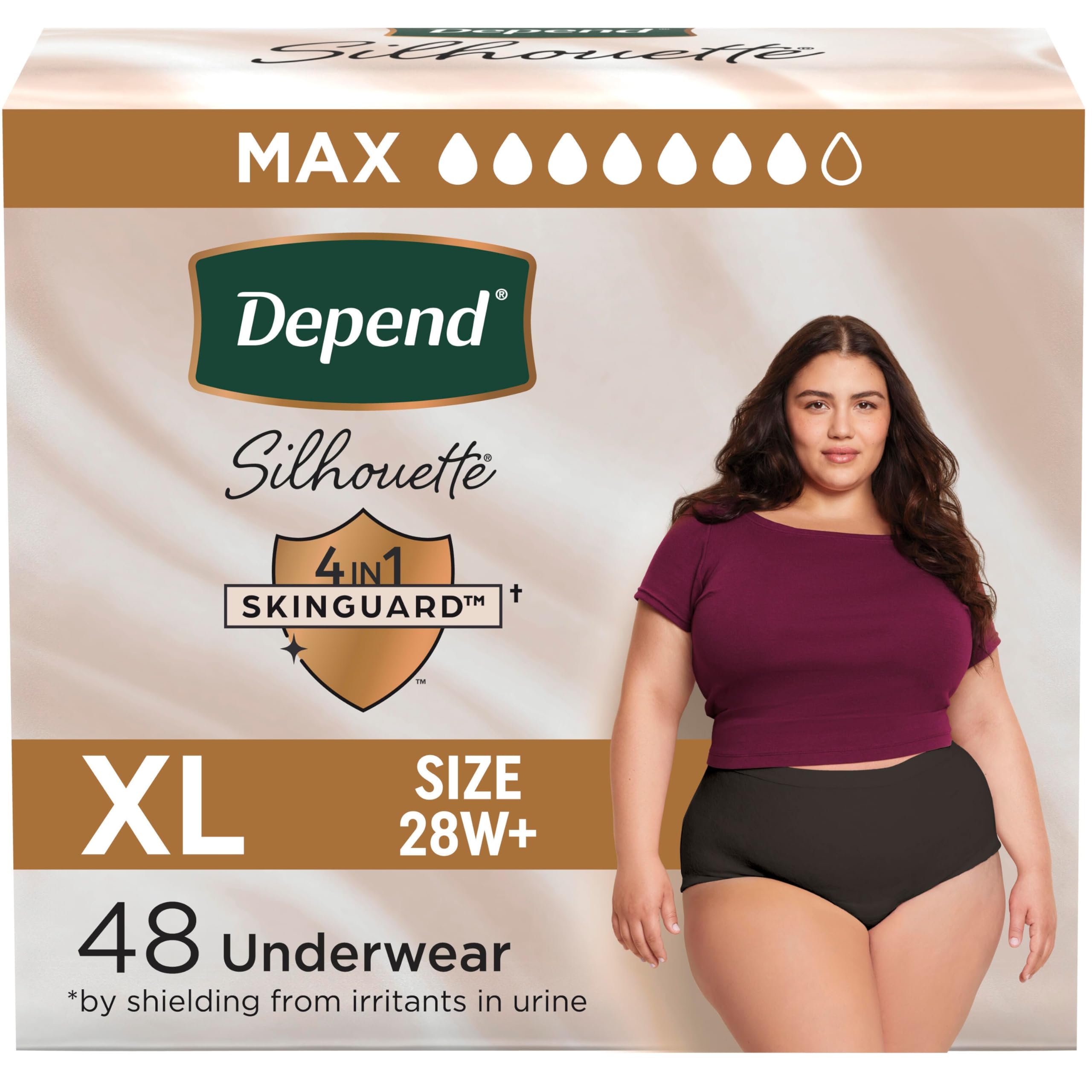 Silhouette Adult Diapers, Incontinence & Postpartum Bladder Leak Underwear for Women, Maximum Absorbency, Extra Large, Black, 48 Count (2 Packs of 24), Packaging May Vary