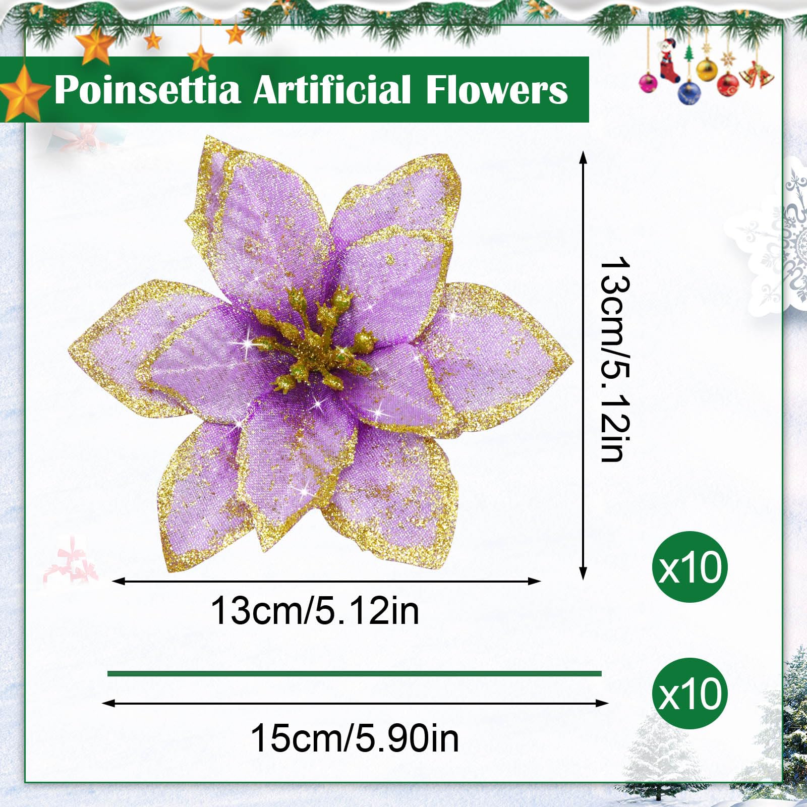 Shining She 10pcs Artificial Christmas Flowers, Glitter Poinsettia Flowers Ornament - Image 2