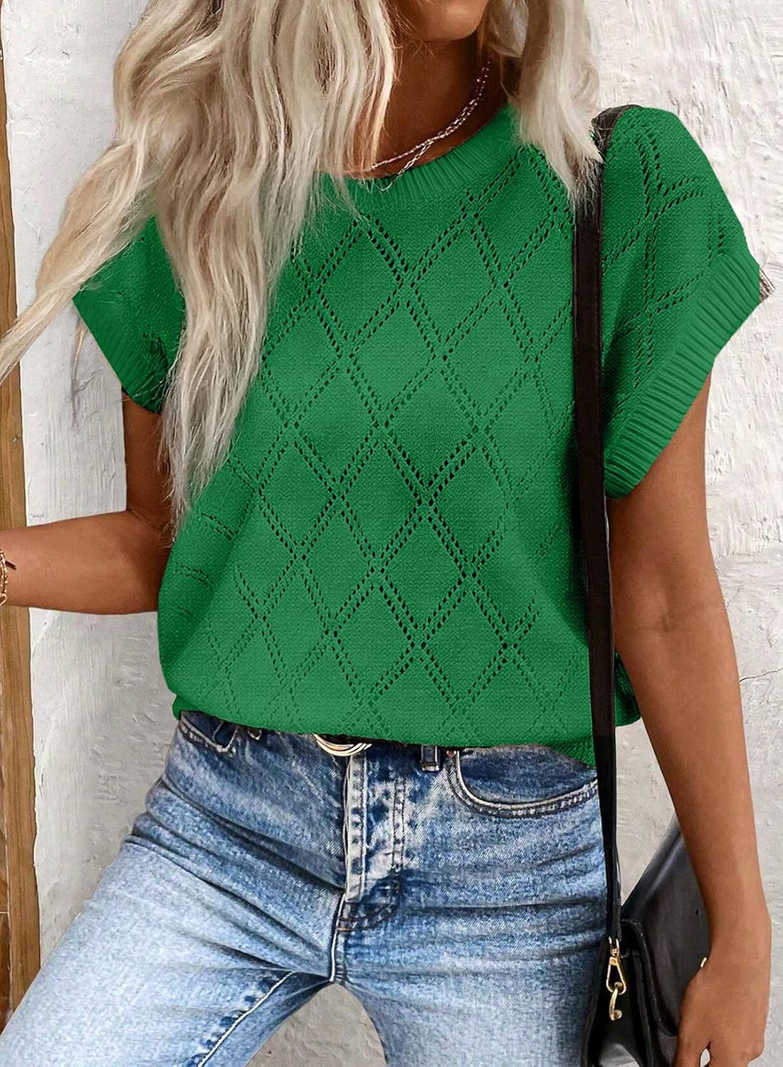 SHEWIN Womens Tops Crewneck Cable Knit Short Sleeve Sweater Loose Lightweight Blouses Dressy Casual Pullover Sweaters Top - Image 2